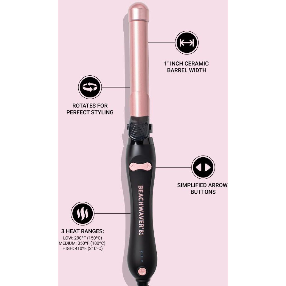 Beachwaver B1 Rotating Curling Iron  1-Inch Professional Hair Curler For Long & Short Hair  Ergonomic Handle  No-Kink Clamp  Ceramic Barrel  Travel-Friendly  Auto Shut-Off (Midnight Rose)
