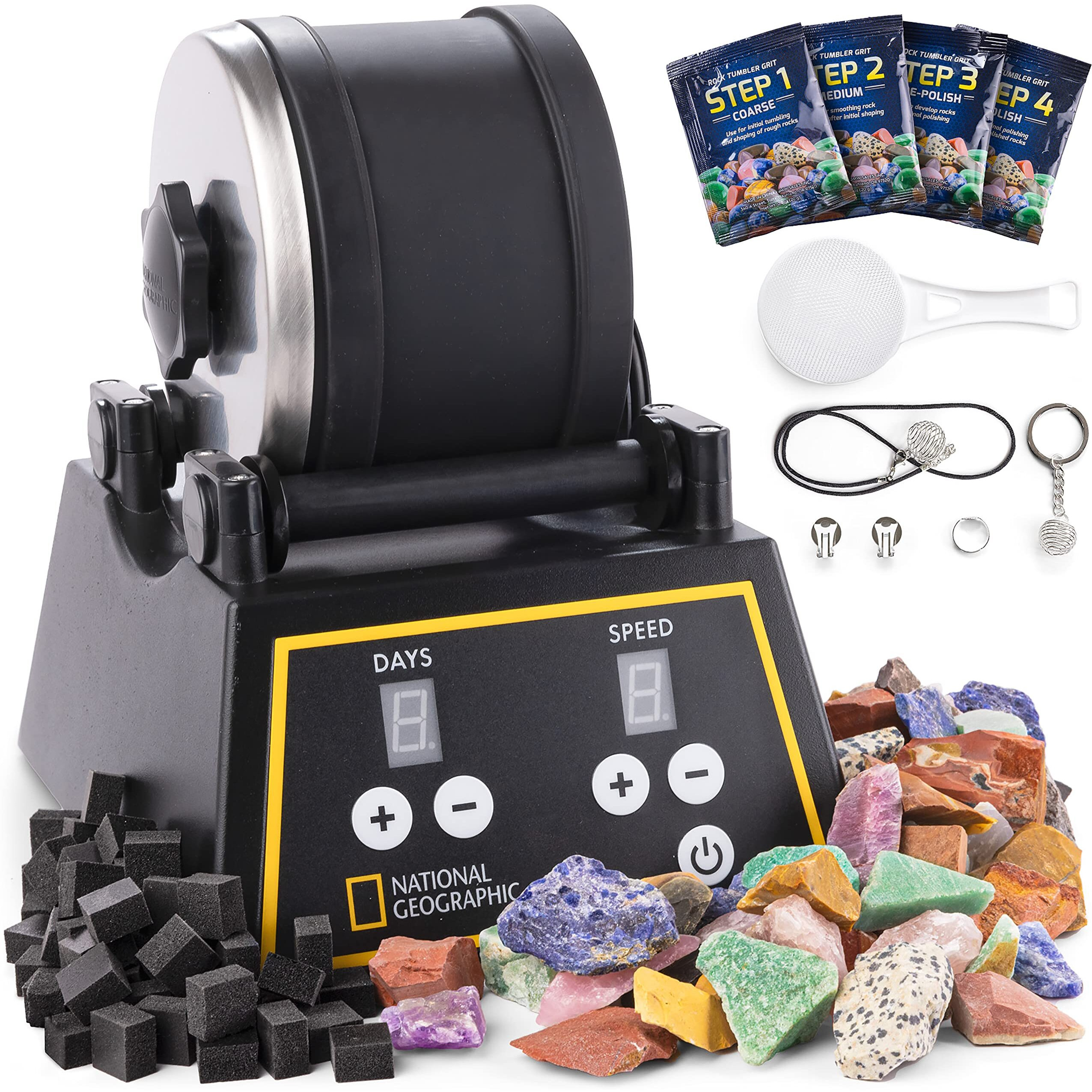 National Geographic Professional Rock Tumbler Kit - Complete Rock Tumbler For Adults & Kids With Durable 2 Lb. Barrel  Rocks  Grit  And Patented Gemfoam Finishing Foam Polish  Rock Polisher