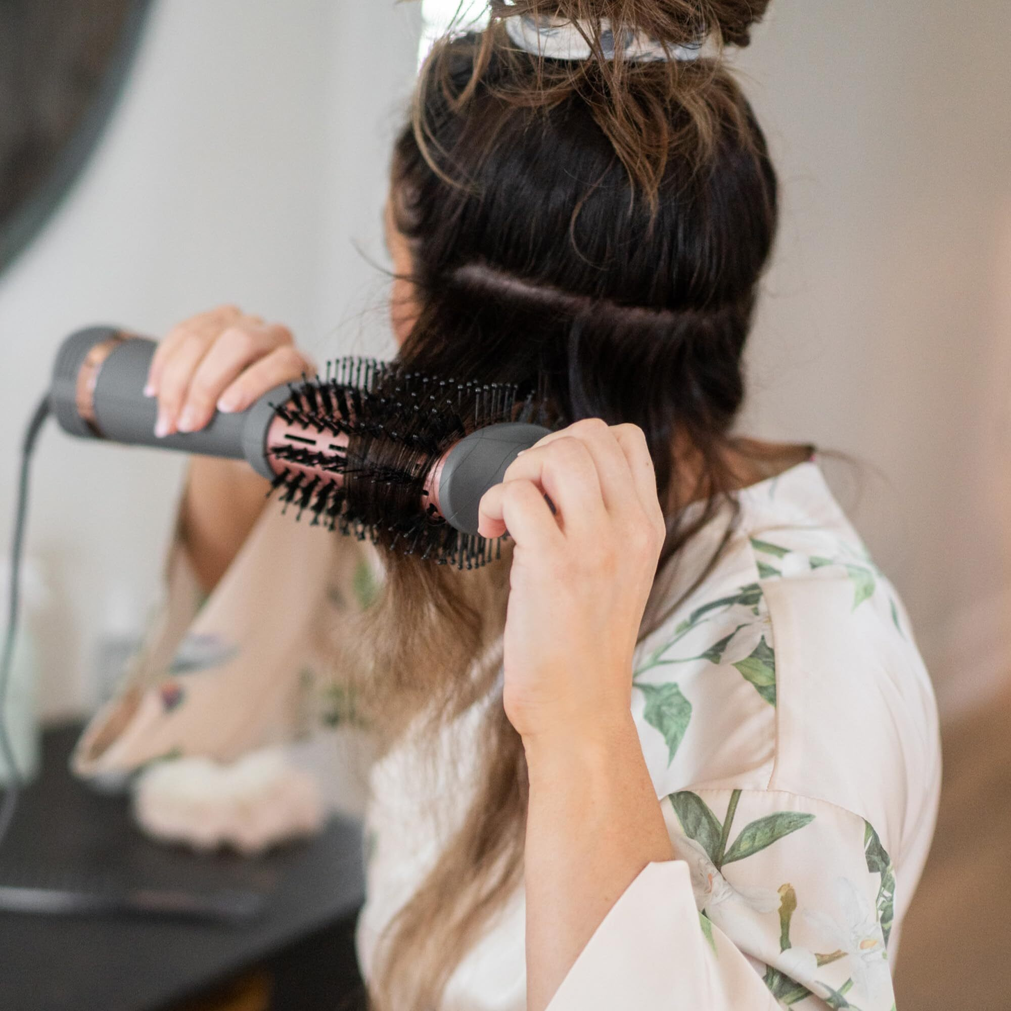 Hairitage Up In The Air Volumizing Brush + Hair Dryer For Curling & Straightening - Ceramic Tourmaline - One-Step Blowout Brush + Volumizer - Bouncy Blownout Hair - 2 Heat Speeds + Cool Option  Grey