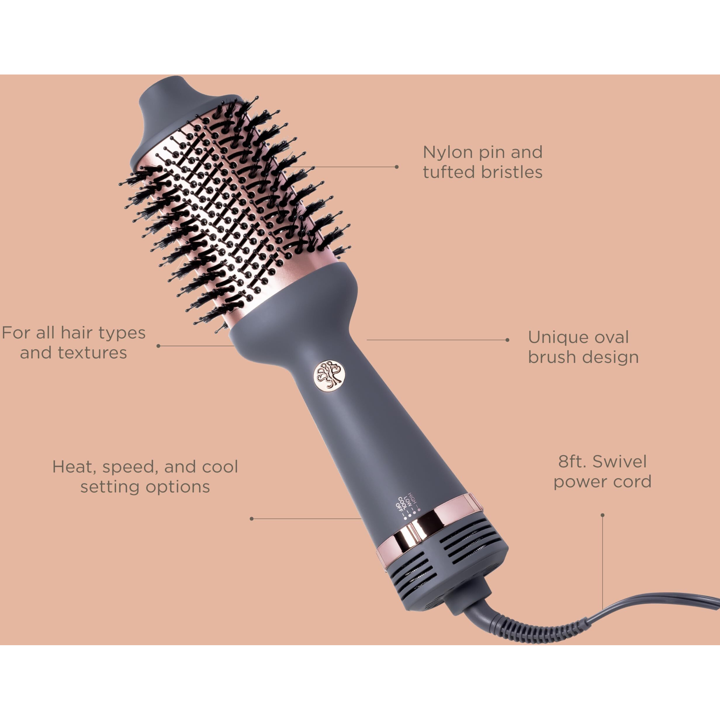 Hairitage Up In The Air Volumizing Brush + Hair Dryer For Curling & Straightening - Ceramic Tourmaline - One-Step Blowout Brush + Volumizer - Bouncy Blownout Hair - 2 Heat Speeds + Cool Option  Grey