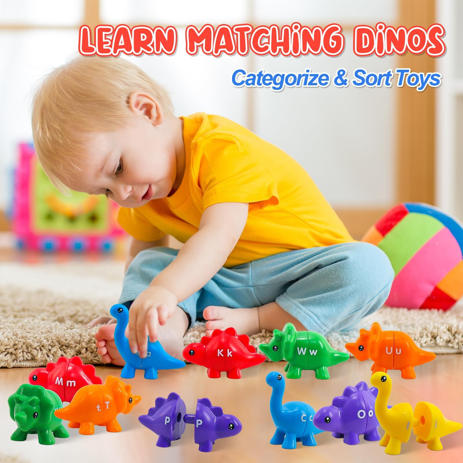 Montessori Learning Toys For Toddlers 1-3  Matching Letters Fine Motor Toy  Double-Sided 26 Pcs Abc Dinosaur Alphabet Games For Kids Ages 3-5  Alphabet Learning Dinosaur Set For Kindergarten