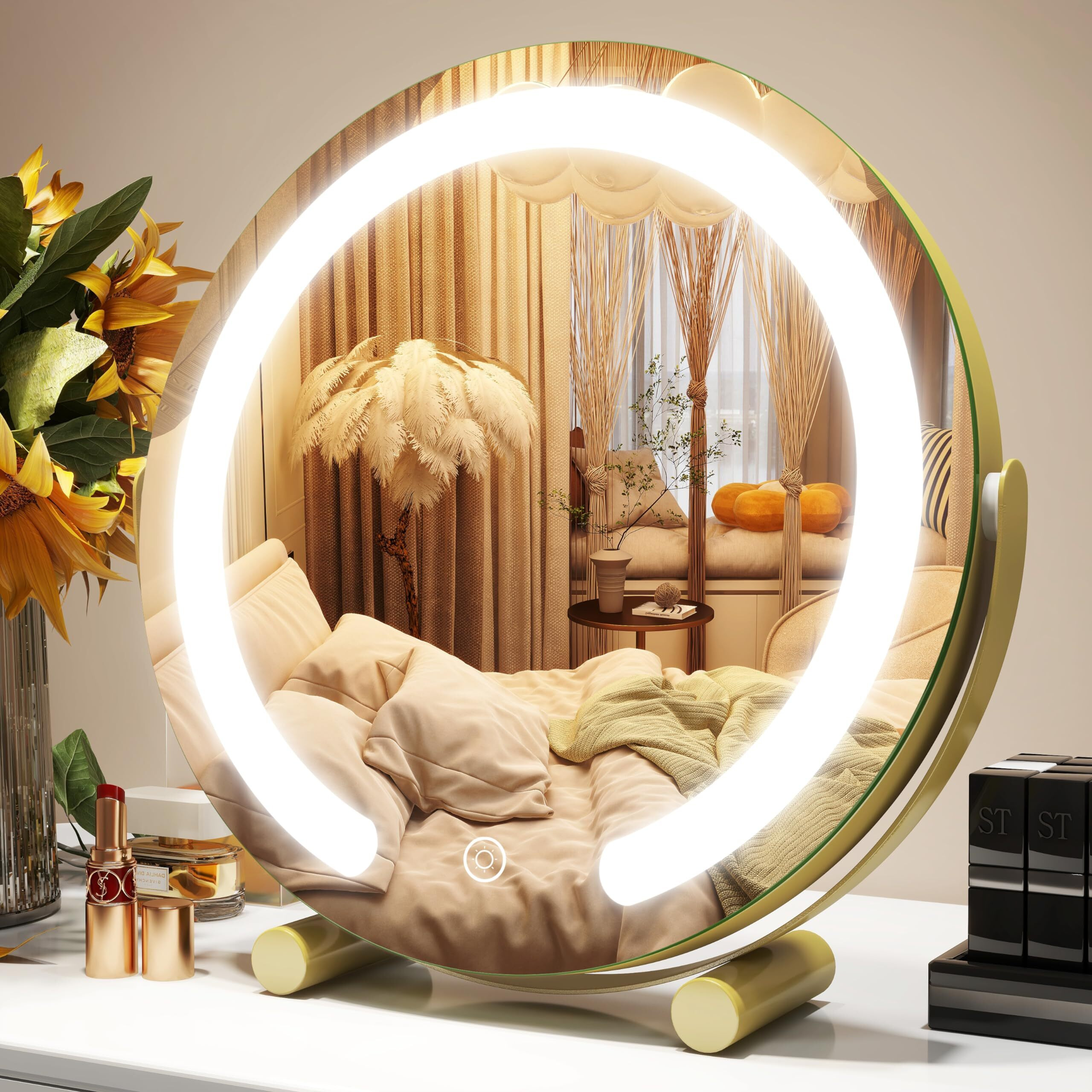 Rolove Gold Vanity Mirror  12 Inch Makeup Mirror With Lights  Large Lighted Vanity Mirror  Light Up Mirror With Smart Touch 3 Colors Dimmable  Tabletop  360 Rotation