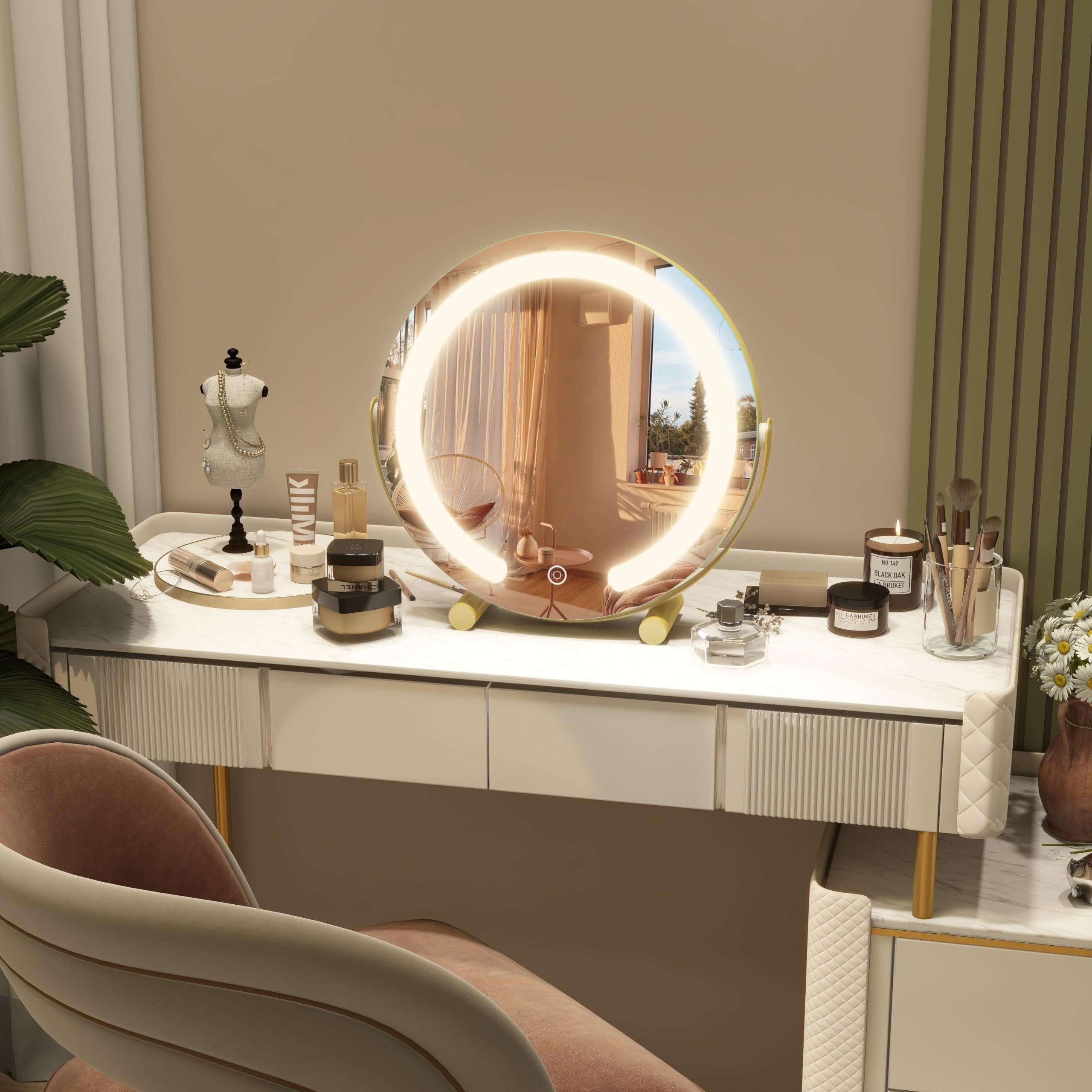 Rolove Gold Vanity Mirror  12 Inch Makeup Mirror With Lights  Large Lighted Vanity Mirror  Light Up Mirror With Smart Touch 3 Colors Dimmable  Tabletop  360 Rotation