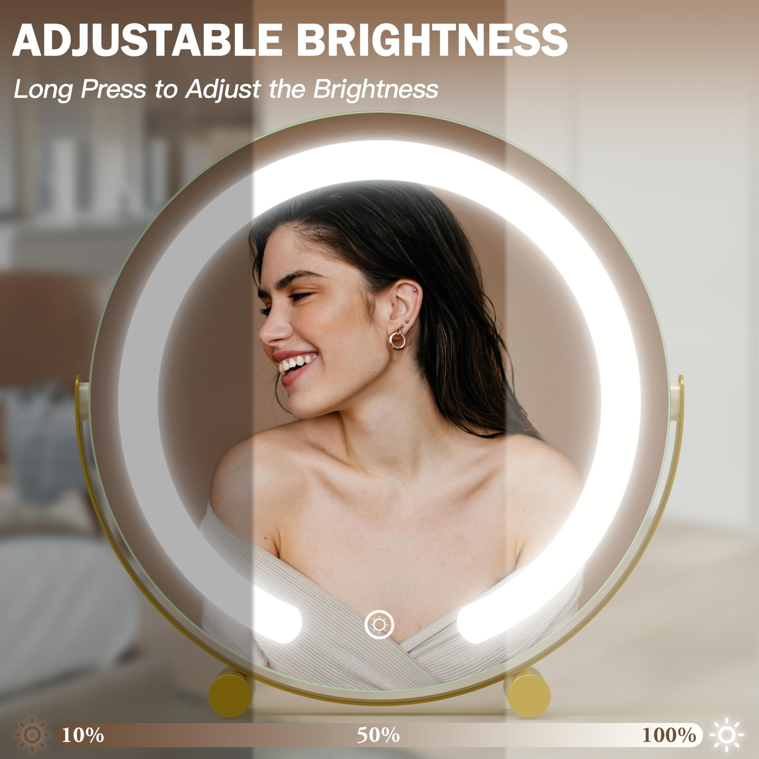 Rolove Gold Vanity Mirror  12 Inch Makeup Mirror With Lights  Large Lighted Vanity Mirror  Light Up Mirror With Smart Touch 3 Colors Dimmable  Tabletop  360 Rotation