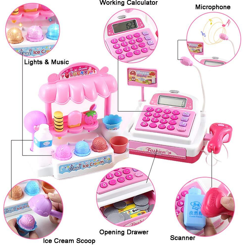 Ice Cream Store Mini Cash Register With Pretend Play Desserts  Working Scanner  Calculator  Microphone  Money And Credit Card