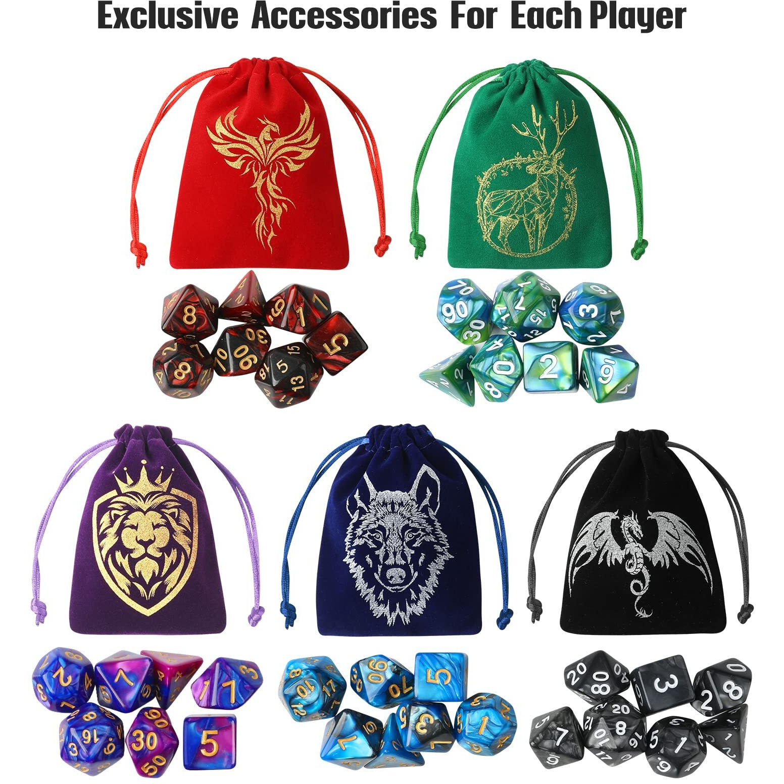 Grajar 35Pcs Dnd Dice Set With 5 Colorful Animal Patterned Dice Pouches  Polyhedral Dice Sets For Dungeons And Dragons D&D Ttrpg Mtg Table Role Playing Games