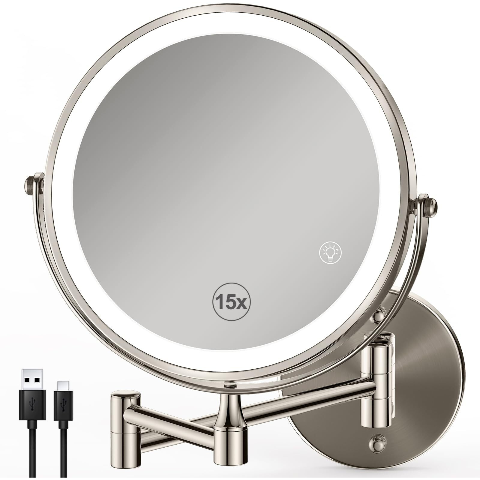 Greenfrom Magnifying Mirror With Lights 1X/15X 8.5 "" Double Sided Wall Mounted Lighted Makeup Mirror For Bathroom  Brushed Nickel