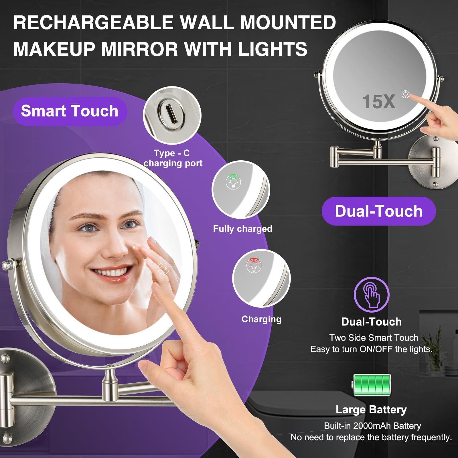 Greenfrom Magnifying Mirror With Lights 1X/15X 8.5 "" Double Sided Wall Mounted Lighted Makeup Mirror For Bathroom  Brushed Nickel