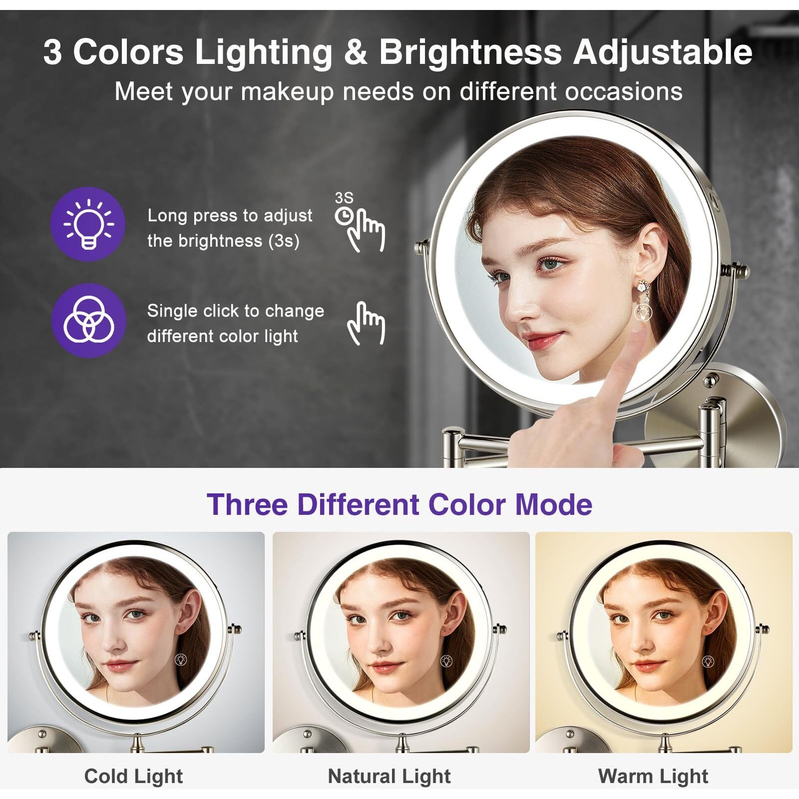 Greenfrom Magnifying Mirror With Lights 1X/15X 8.5 "" Double Sided Wall Mounted Lighted Makeup Mirror For Bathroom  Brushed Nickel
