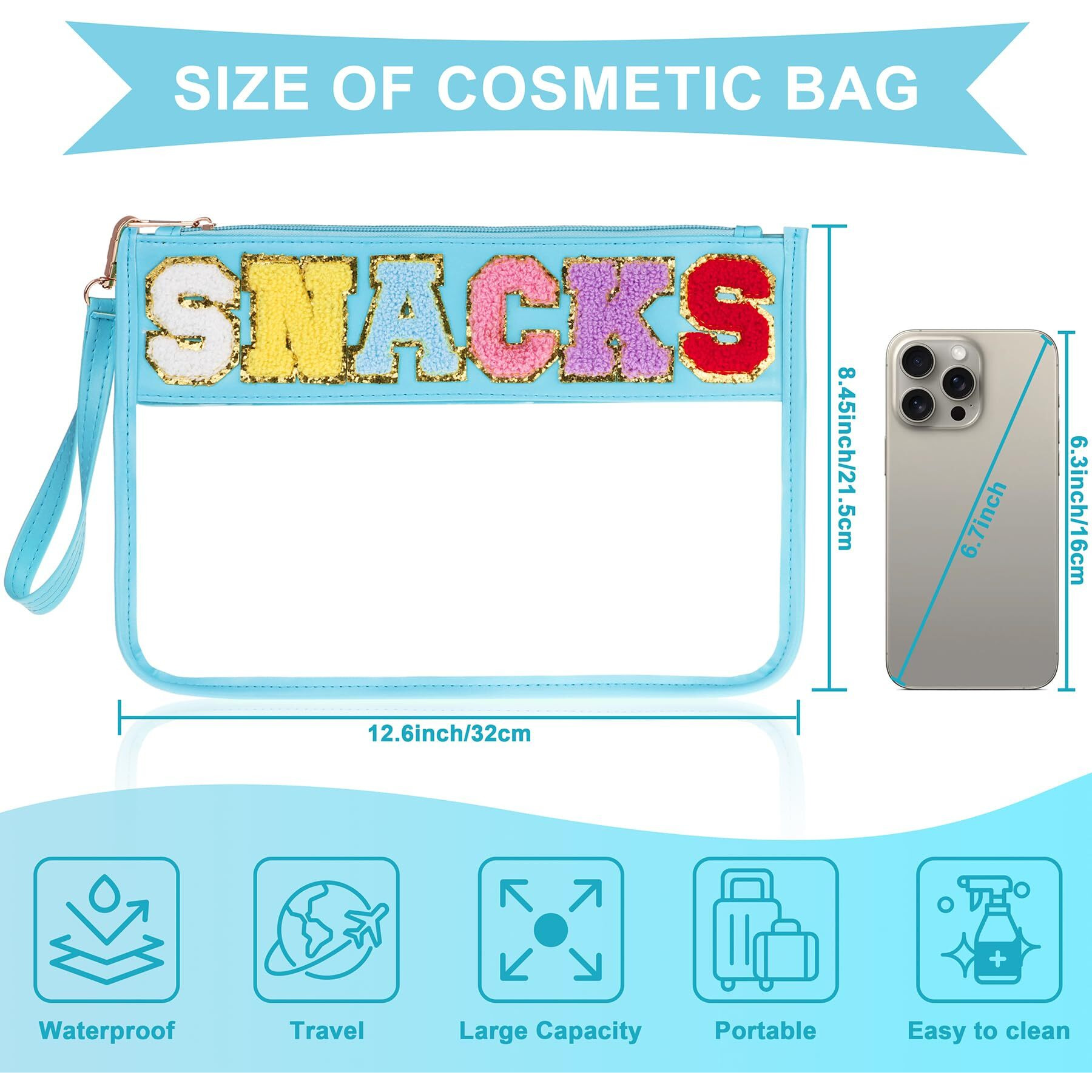 Tesafng Snack Bag For Travel - Clear Chenille Varsity Letter Flat Pouch With Zipper  Waterproof Clear Pvc&Pu Preppy Patch Makeup Cosmetic Tote Bags For Women Girls (Blue-Snacks)