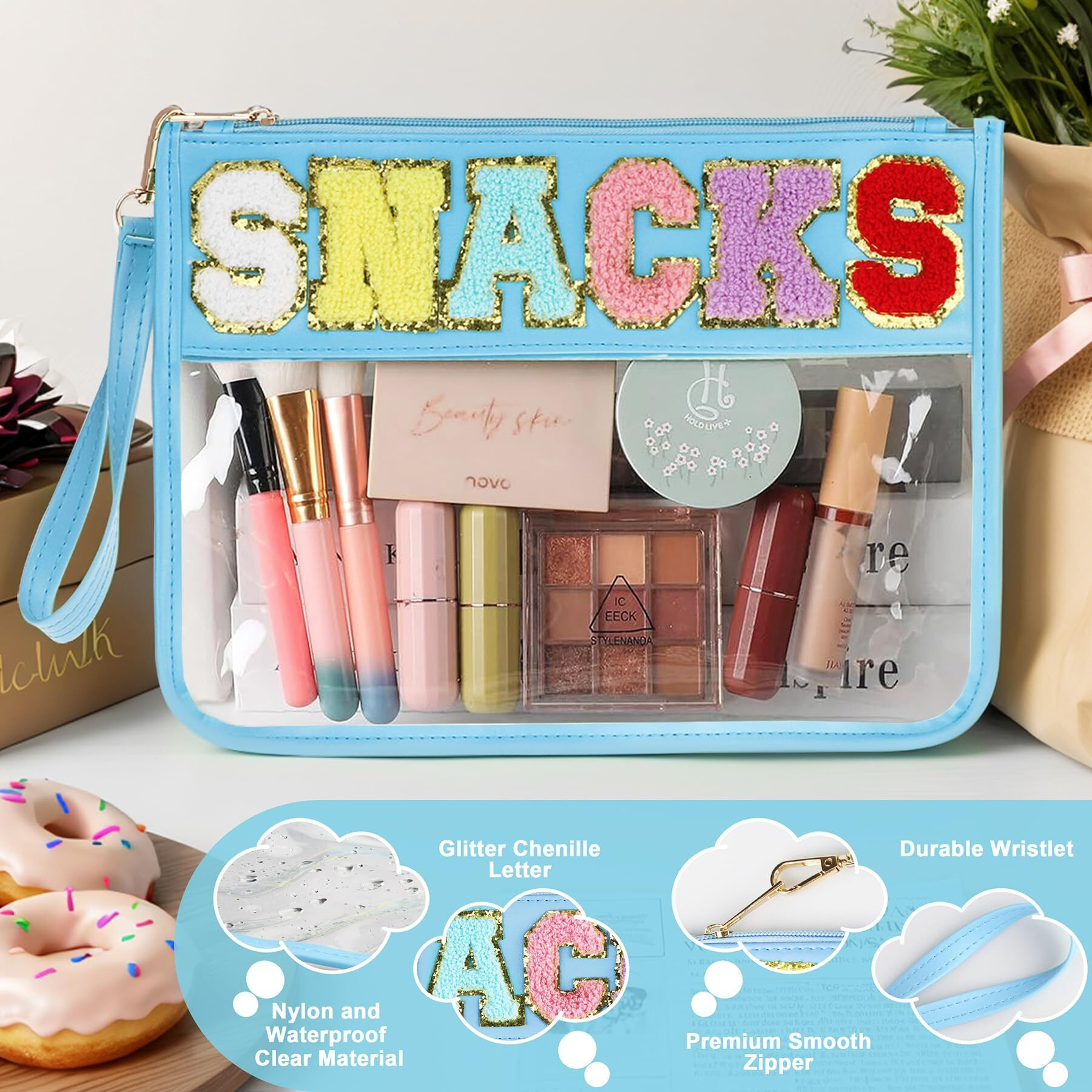 Tesafng Snack Bag For Travel - Clear Chenille Varsity Letter Flat Pouch With Zipper  Waterproof Clear Pvc&Pu Preppy Patch Makeup Cosmetic Tote Bags For Women Girls (Blue-Snacks)