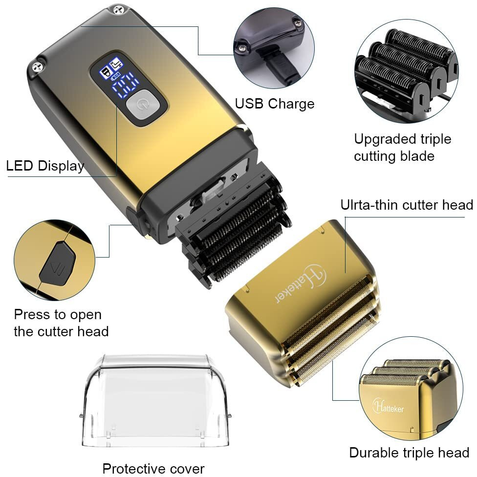 Hatteker Foil Head Shaver Triple Blades Shaver Electric Shaver Razor For Men Close Bald Head Barber Shaver Trimmer Waterproof Wet & Dry  Cordless  Gold