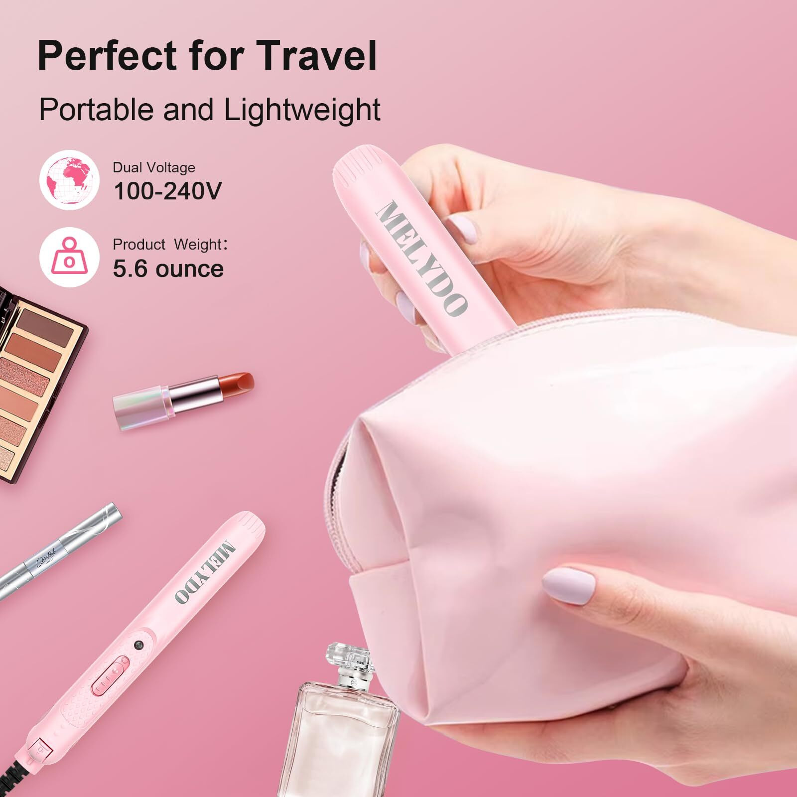 Melydo Mini Portable Flat Iron  0.7 Inch Dual Voltage Travel Hair Straightener - Small Flat Irons Hair Straightener For Short Hair  Curls Bangs  Worldwide-Use Travel Flat Iron  Pink