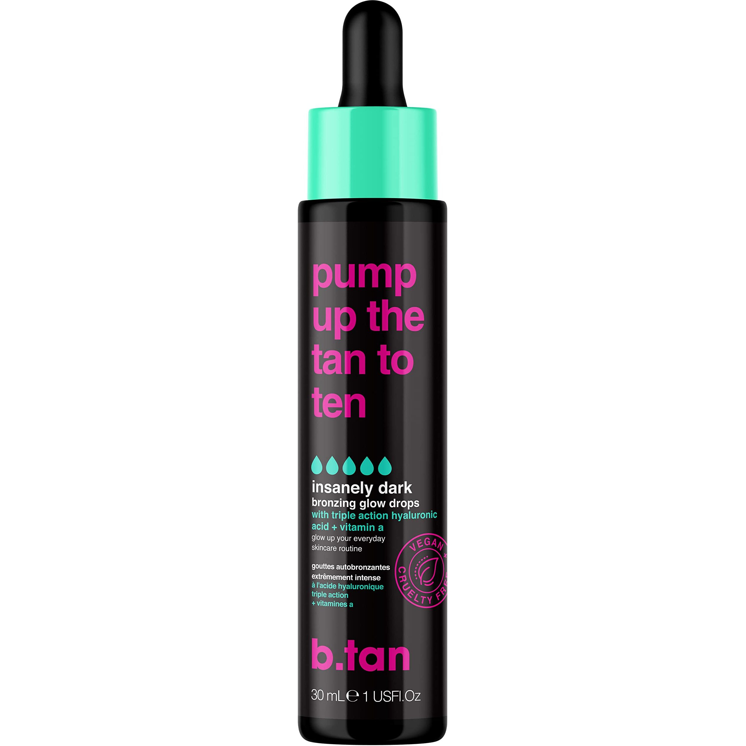 B.Tan Darkest Self Tanning Drops For Face & Body | Pump Up The Tan To Ten - Insanely Dark Gradual Sunless Tanner Bronzing Glow Drops  Vegan  Cruelty Free  1.0 Fl Oz