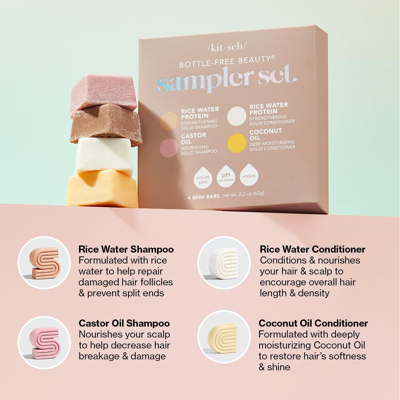 Kitsch 4Pc Sampler Set - Rice Shampoo Bar  Growth Castor Oil Shampoo Bar  Coconut Oil Deep-Moisturizing Hair Conditioner Bar  Zero Waste