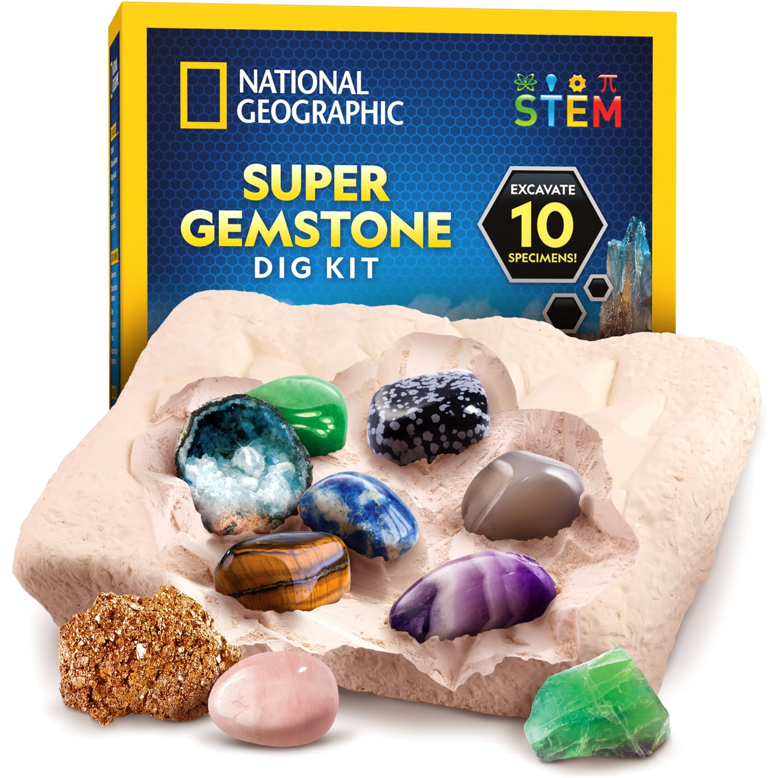 National Geographic Gemstone Dig Kit - Dig Up 10 Real Gemstones And Crystals  Science Kit For Kids  Gem Digging Kit  Gift For Girls And Boys  Mining Kit  Rock Collection
