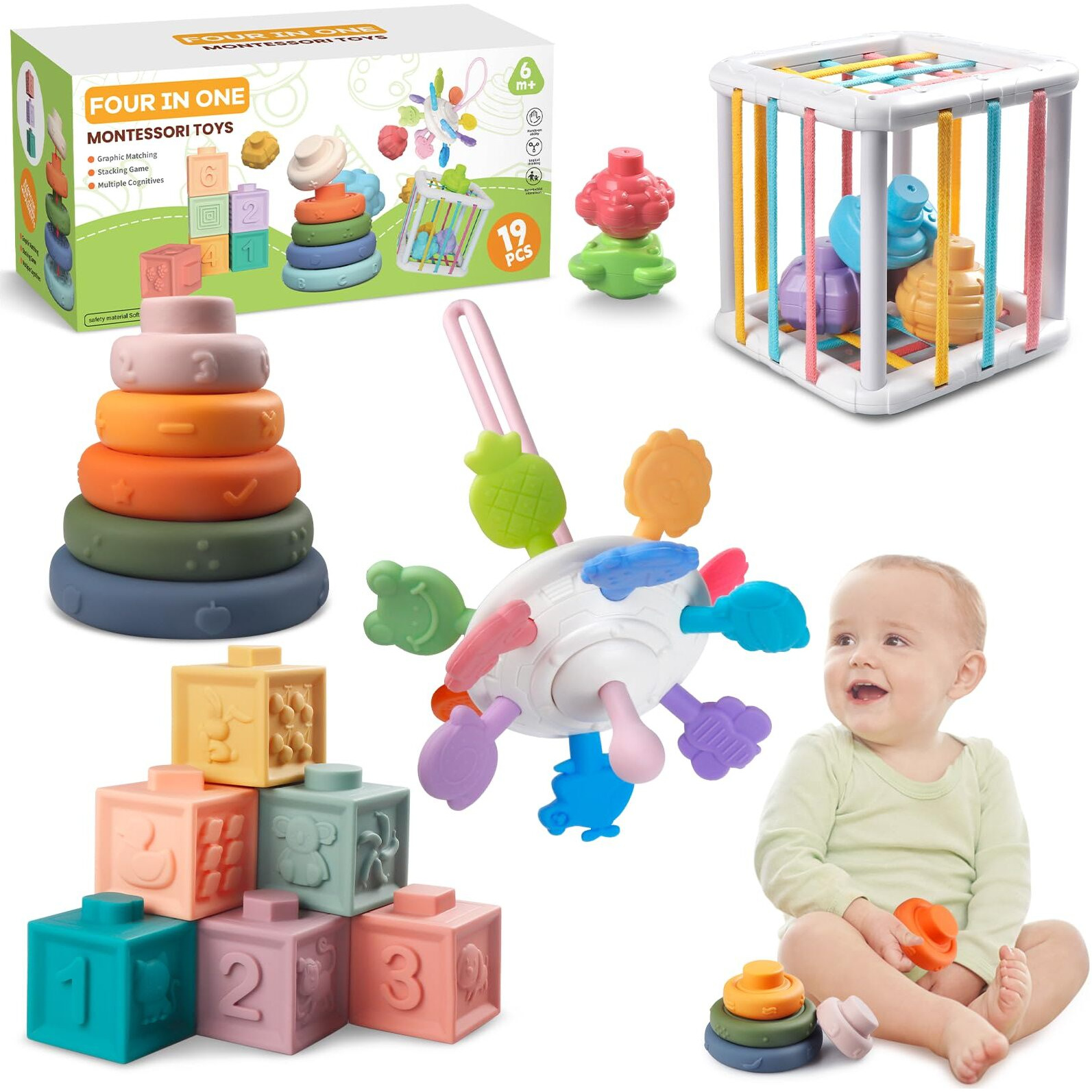 Wuzhineisn Montessori Baby Toys For Ages 6-18 Months - Pull String Teether  Stacking Blocks  Sensory Shapes Storage Bin  Infant Bath Time Fun  4 In 1 Toddlers Toy Gifts For 1 2 3 Year Old Boys Girls