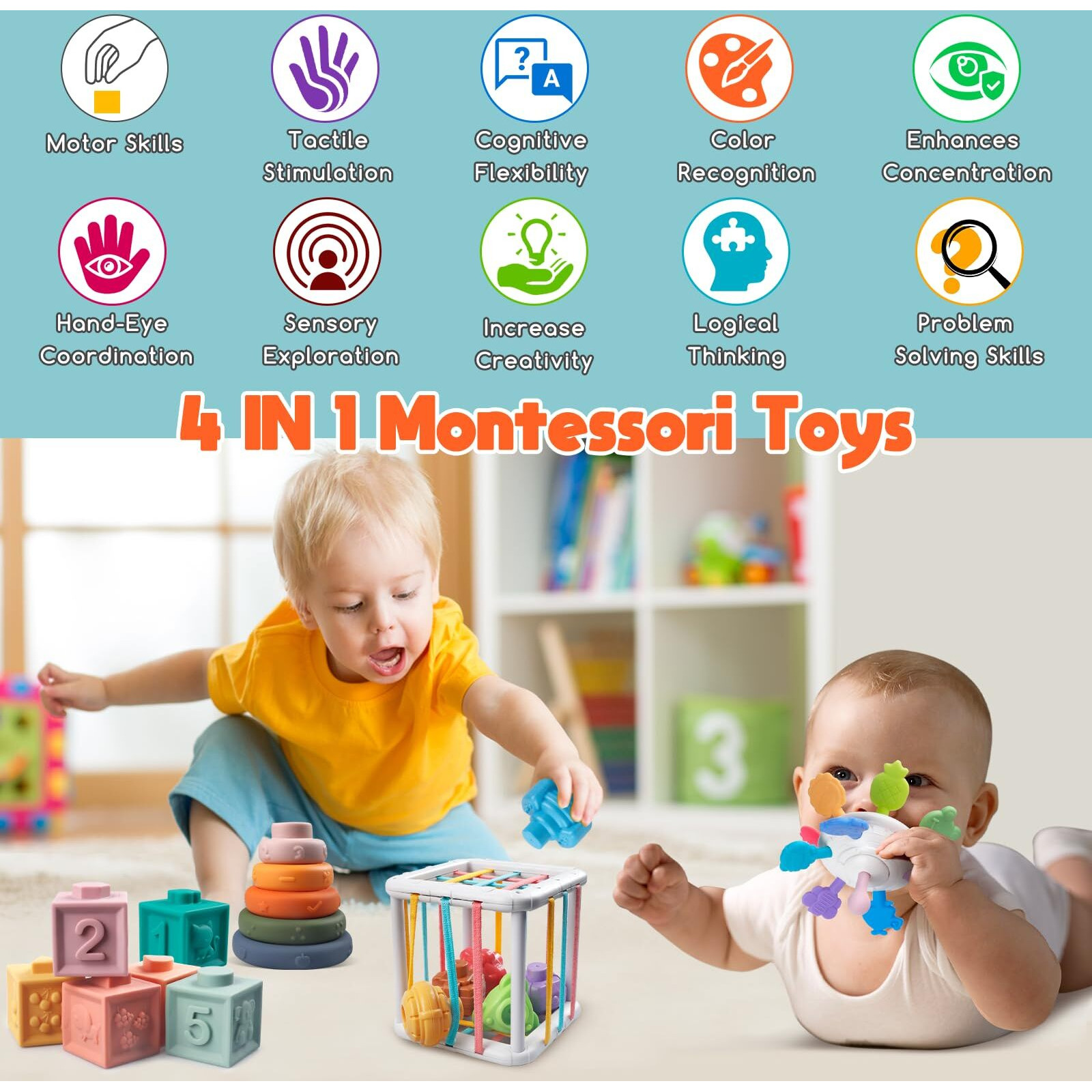 Wuzhineisn Montessori Baby Toys For Ages 6-18 Months - Pull String Teether  Stacking Blocks  Sensory Shapes Storage Bin  Infant Bath Time Fun  4 In 1 Toddlers Toy Gifts For 1 2 3 Year Old Boys Girls