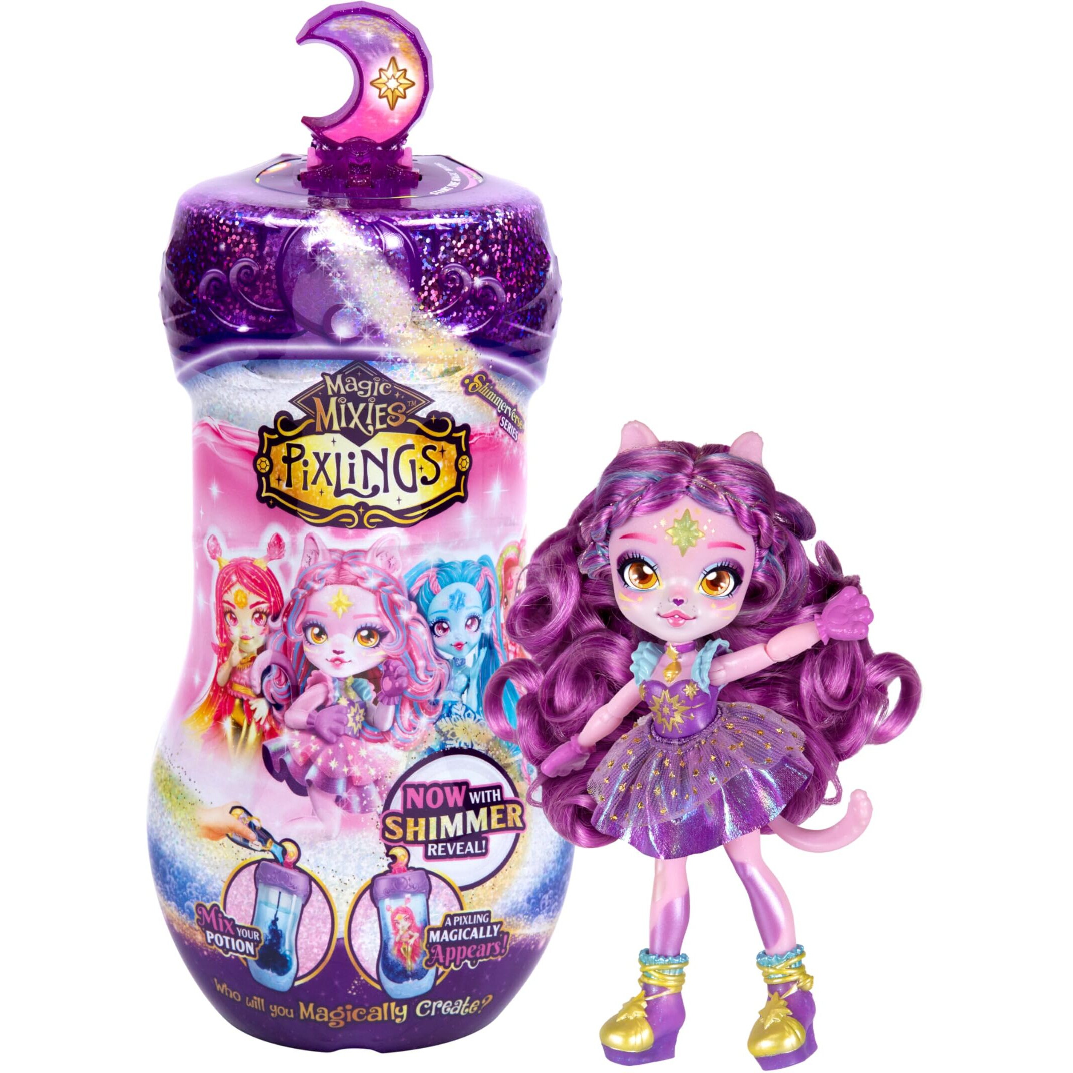 Magic Mixies Pixlings Shimmerverse Series  Create & Mix Magic Potion To Magically Reveal Catlyn The Cat  Watch As This Beautiful 6.5"" Shimmerverse Pixling Fashion Doll Appears Inside The Potion Bottle