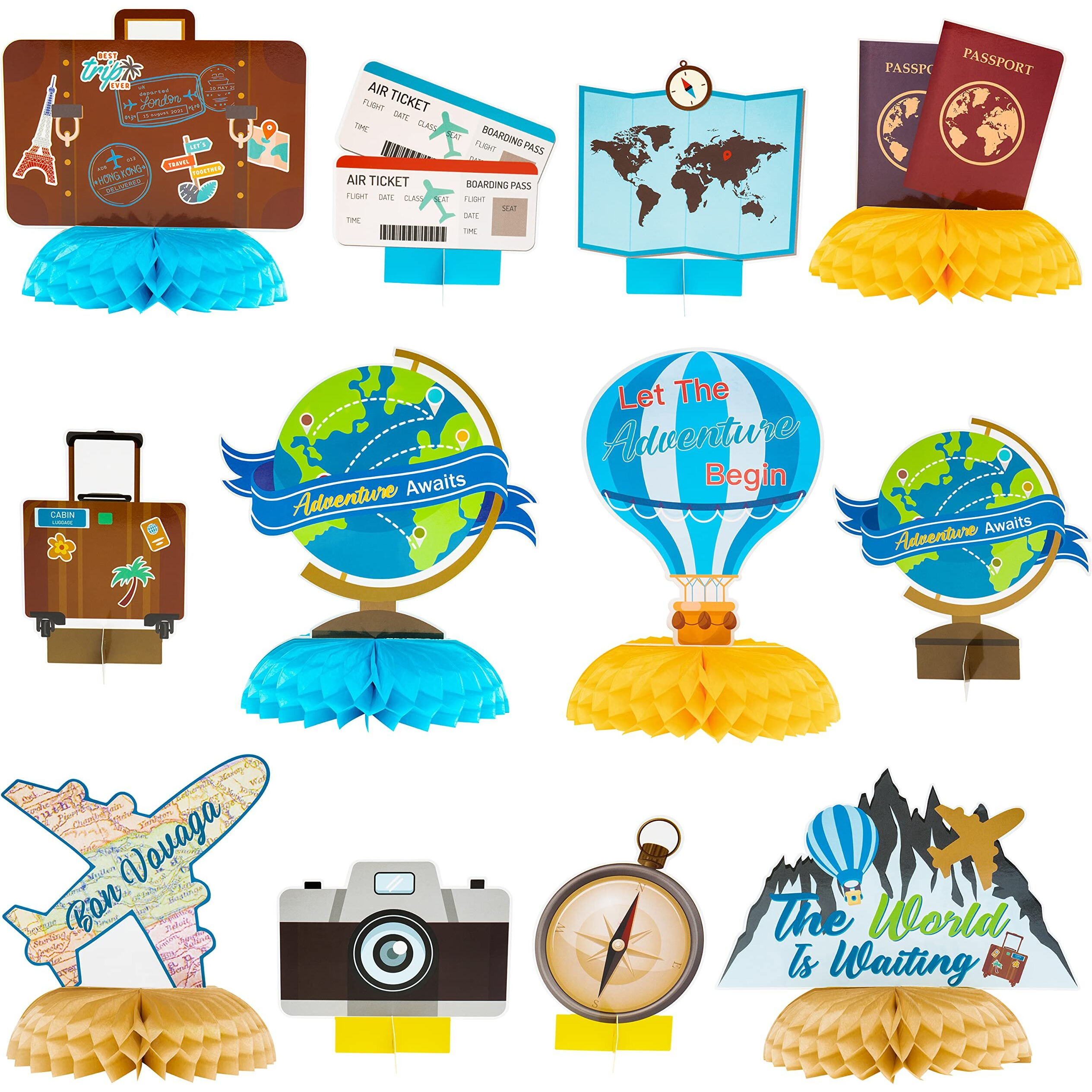 Osnie 12Pcs Travel Themed Honeycomb Centerpieces Table Toppers Adventure Awaits Party Decor Travel Around The World Bon Voyage Table Decor Photo Props For Let The Adventure Begin Going Away Party