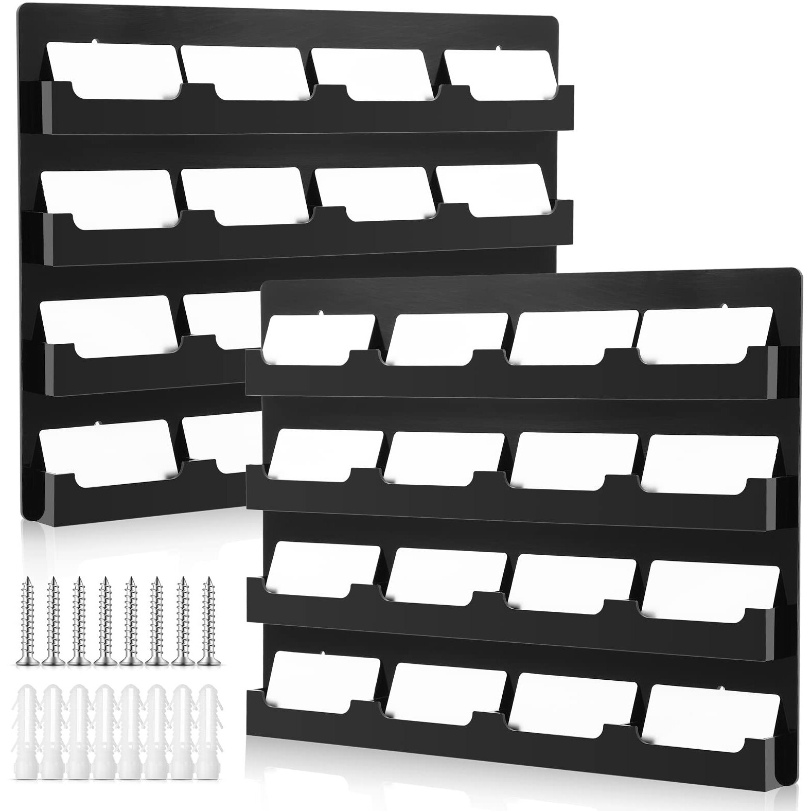 Geelin 2 Pcs Business Card Holder With Hanging Hardware Black Acrylic 16 Pocket Business Vertical Organizer Wall Mount Sticker Display Rack Pre Drilled Organizing Stand For Office Home (Horizontal)