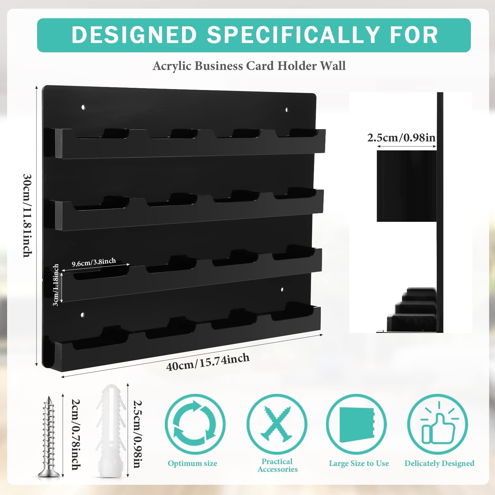 Geelin 2 Pcs Business Card Holder With Hanging Hardware Black Acrylic 16 Pocket Business Vertical Organizer Wall Mount Sticker Display Rack Pre Drilled Organizing Stand For Office Home (Horizontal)