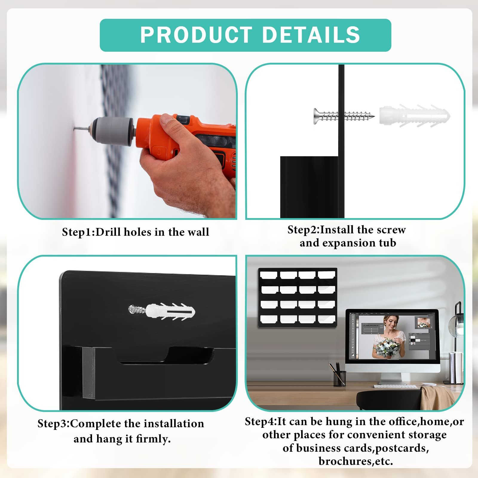 Geelin 2 Pcs Business Card Holder With Hanging Hardware Black Acrylic 16 Pocket Business Vertical Organizer Wall Mount Sticker Display Rack Pre Drilled Organizing Stand For Office Home (Horizontal)