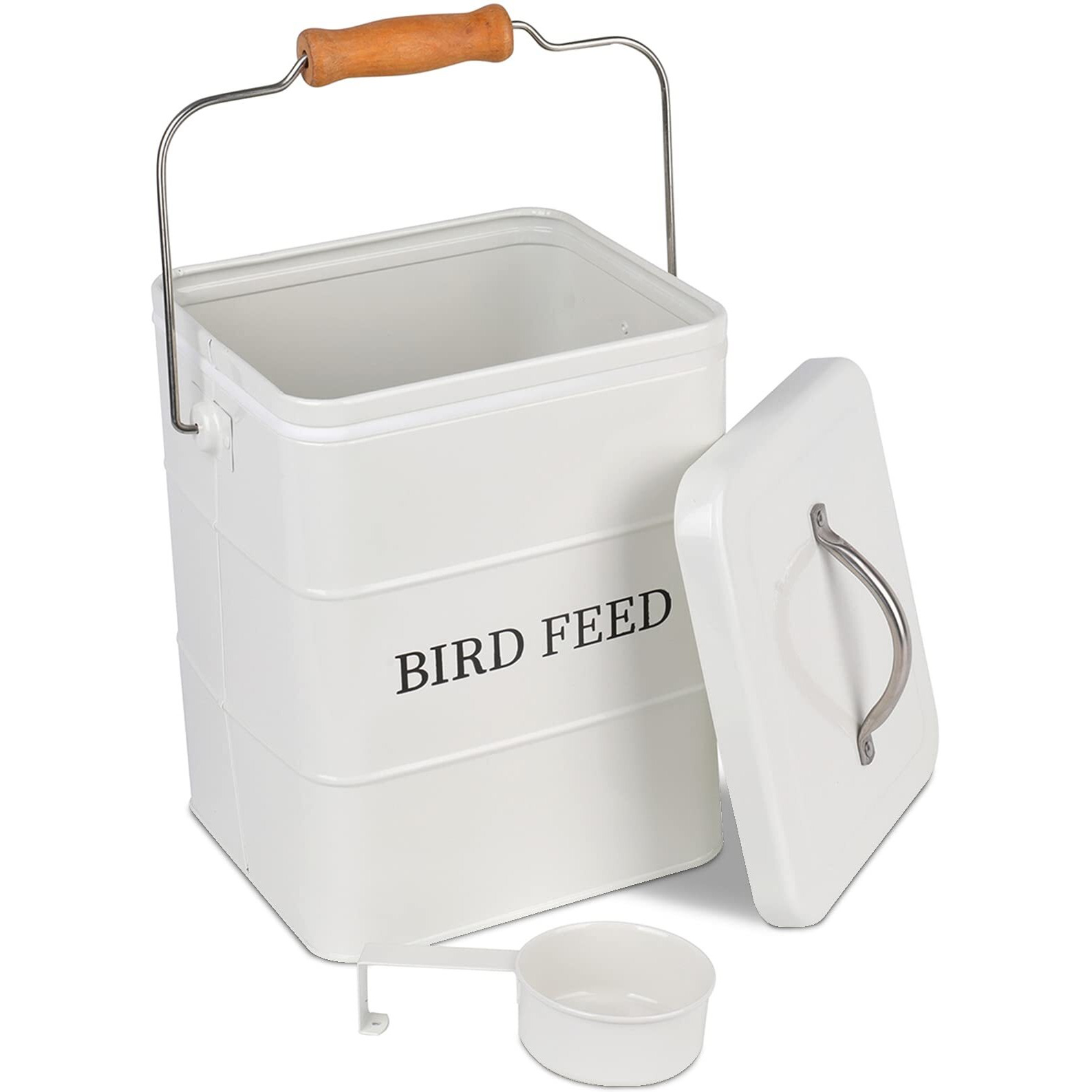 Deayou Metal Bird Seed Container With Scoop  Treats Storage Bin  Coated Carbon Steel  Tight Fitting Lid  White