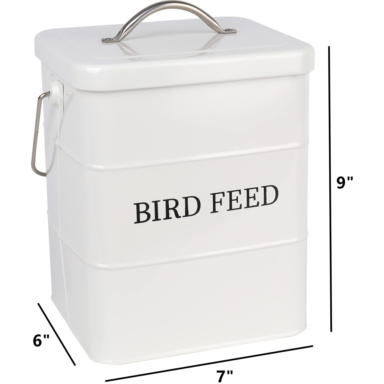 Deayou Metal Bird Seed Container With Scoop  Treats Storage Bin  Coated Carbon Steel  Tight Fitting Lid  White