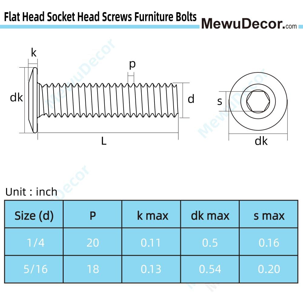 1/4-20 X 3/4"" Flat Head Socket Head Screw Furniture Bolts Countersunk Connector Screws  Stainless Steel 18-8 (304)  Black Oxide  Fully Threaded  25 Pcs