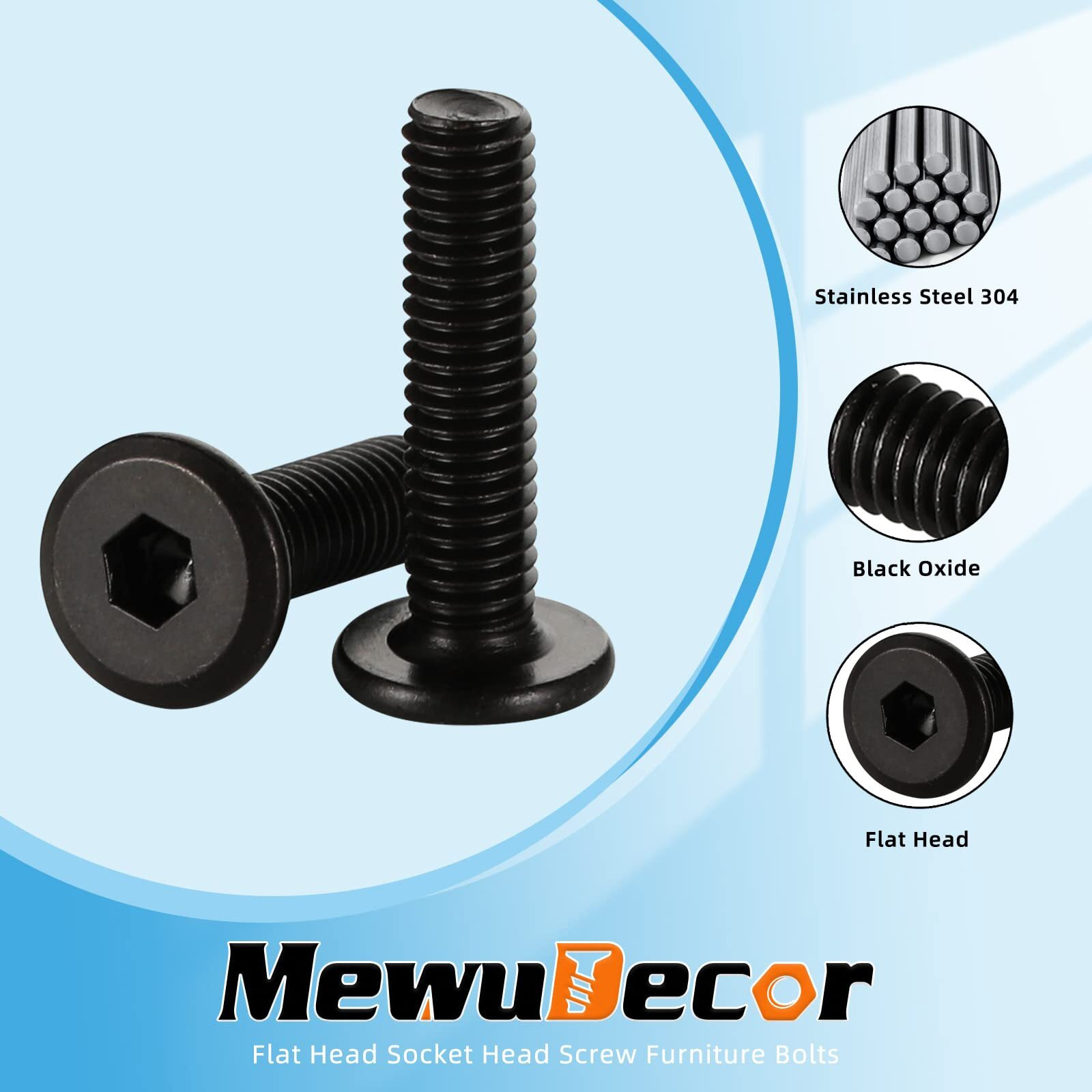 1/4-20 X 3/4"" Flat Head Socket Head Screw Furniture Bolts Countersunk Connector Screws  Stainless Steel 18-8 (304)  Black Oxide  Fully Threaded  25 Pcs