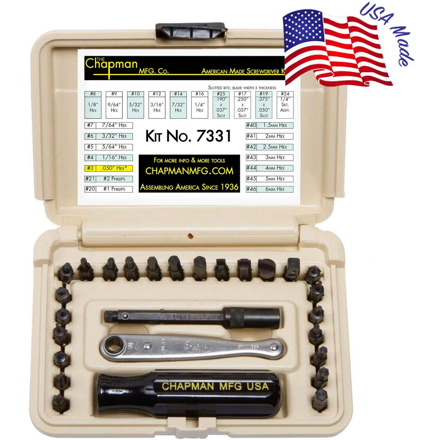 Chapman Mfg 7331 All-Purpose Standard Screwdriver Set - Includes Phillips  Sae Allen Hex & Slotted/Flathead Bits  Complete Set Offers 24 Usa Made Insert Bits + Mini Ratchet Hand Tool (Desert Tan Case)