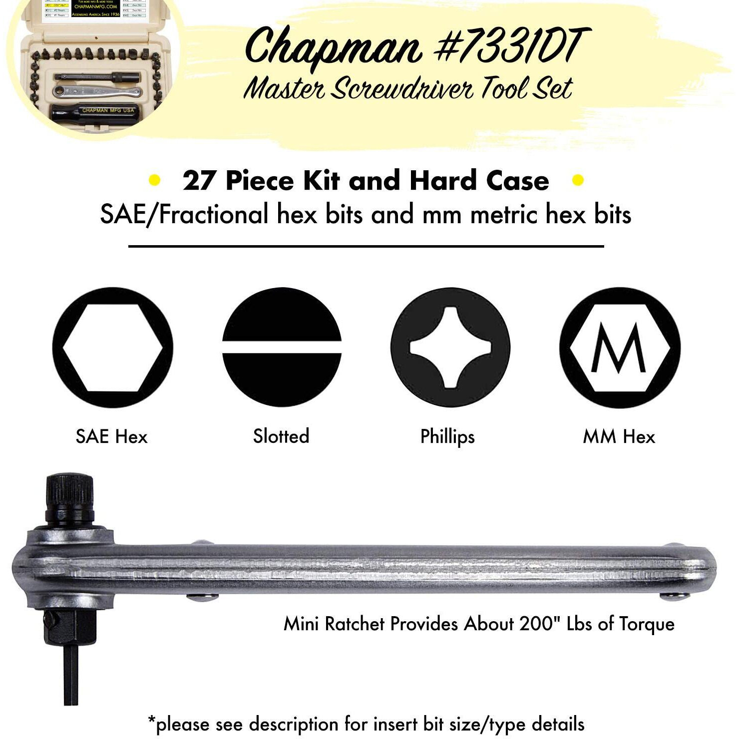 Chapman Mfg 7331 All-Purpose Standard Screwdriver Set - Includes Phillips  Sae Allen Hex & Slotted/Flathead Bits  Complete Set Offers 24 Usa Made Insert Bits + Mini Ratchet Hand Tool (Desert Tan Case)