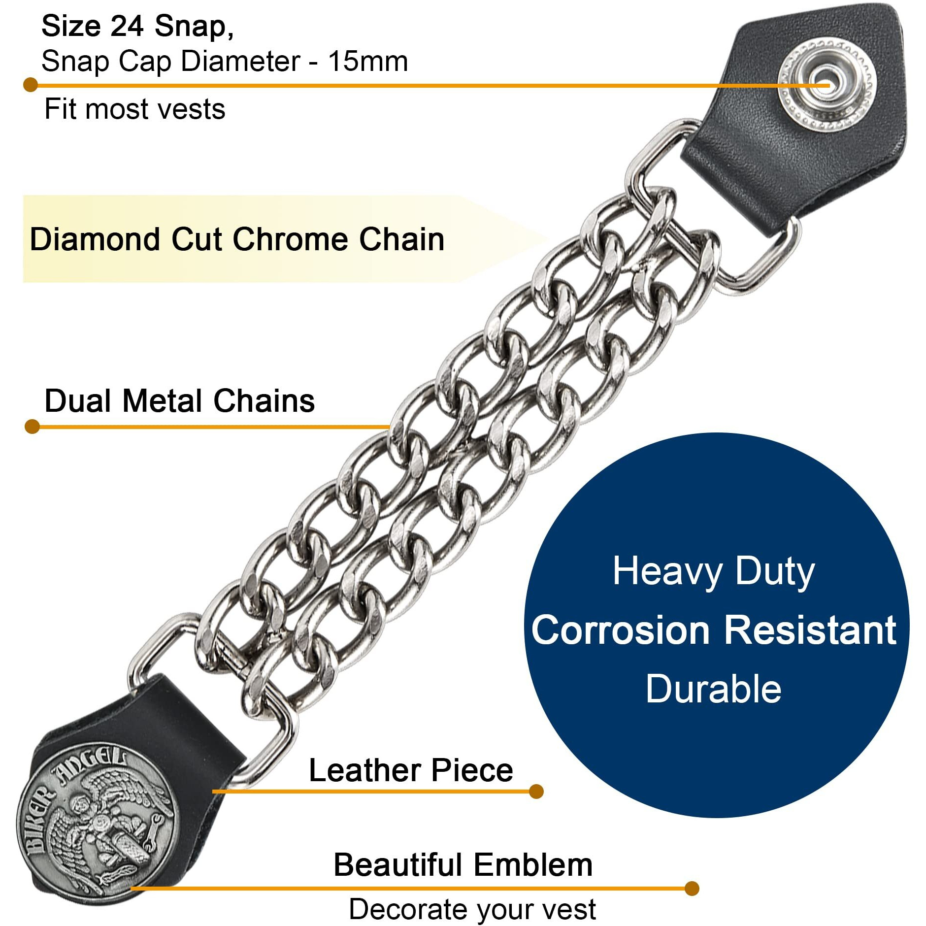 Dream Apparel 4Pcs Motorcycle Vest Extenders For Men  Biker Vest Extenders With Faux Leather Ends And Double Chrome Chains