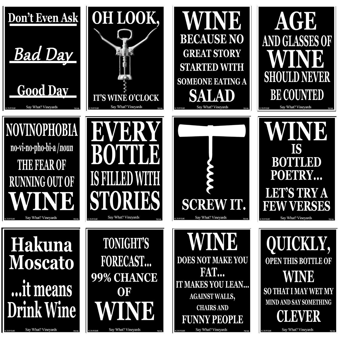 Set Of 12 Black And White Funny Wine Bottle Labels - 5 Inch X 4 Inch