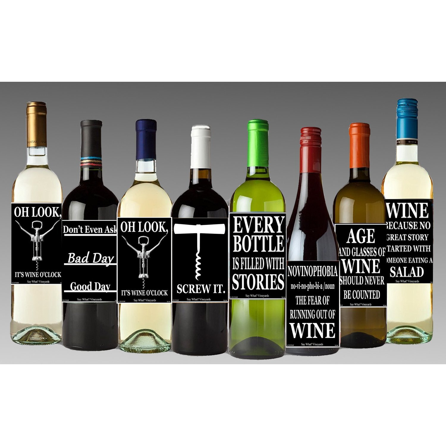 Set Of 12 Black And White Funny Wine Bottle Labels - 5 Inch X 4 Inch