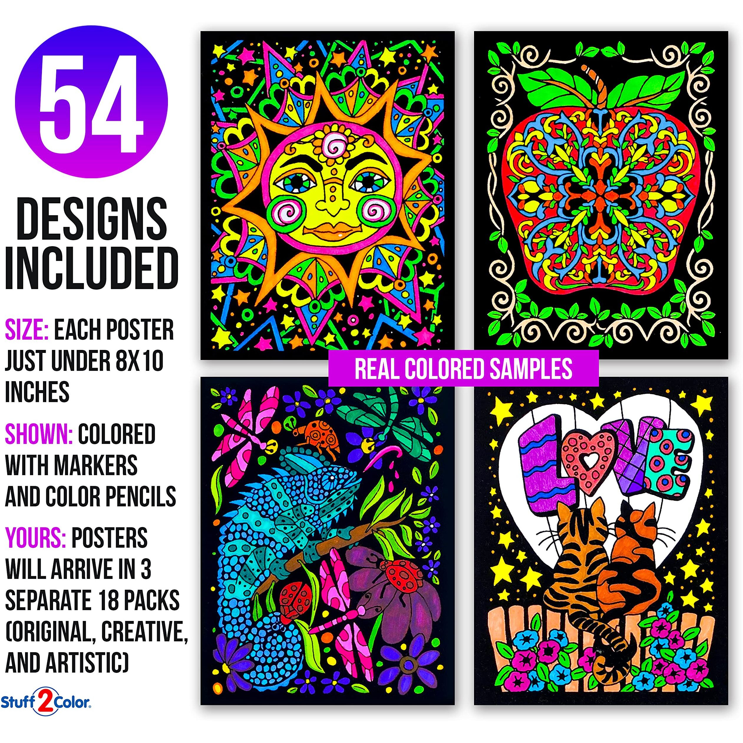 Colossal Pack Of 54 Fuzzy Velvet Coloring Posters (All Unique Designs) - Bulk Crafts And Coloring Activity For All Ages - Great For Group Projects  Assisted Living  Classrooms  And Rehab Centers