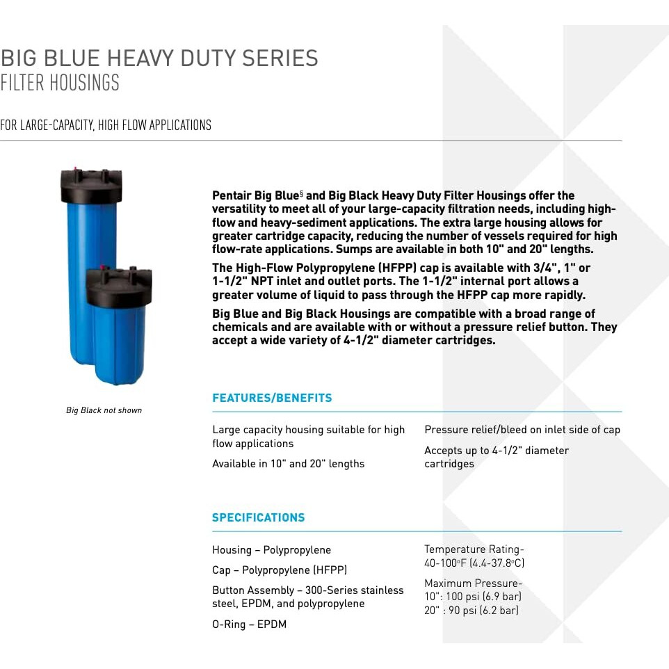 Pentair Pentek 150470 Big Blue Filter Housing  3/4"" Npt 10 Whole House Heavy Duty Water Filter Housing With High-Flow Polypropylene (Hfpp) Cap  10-Inch  Black/Blue