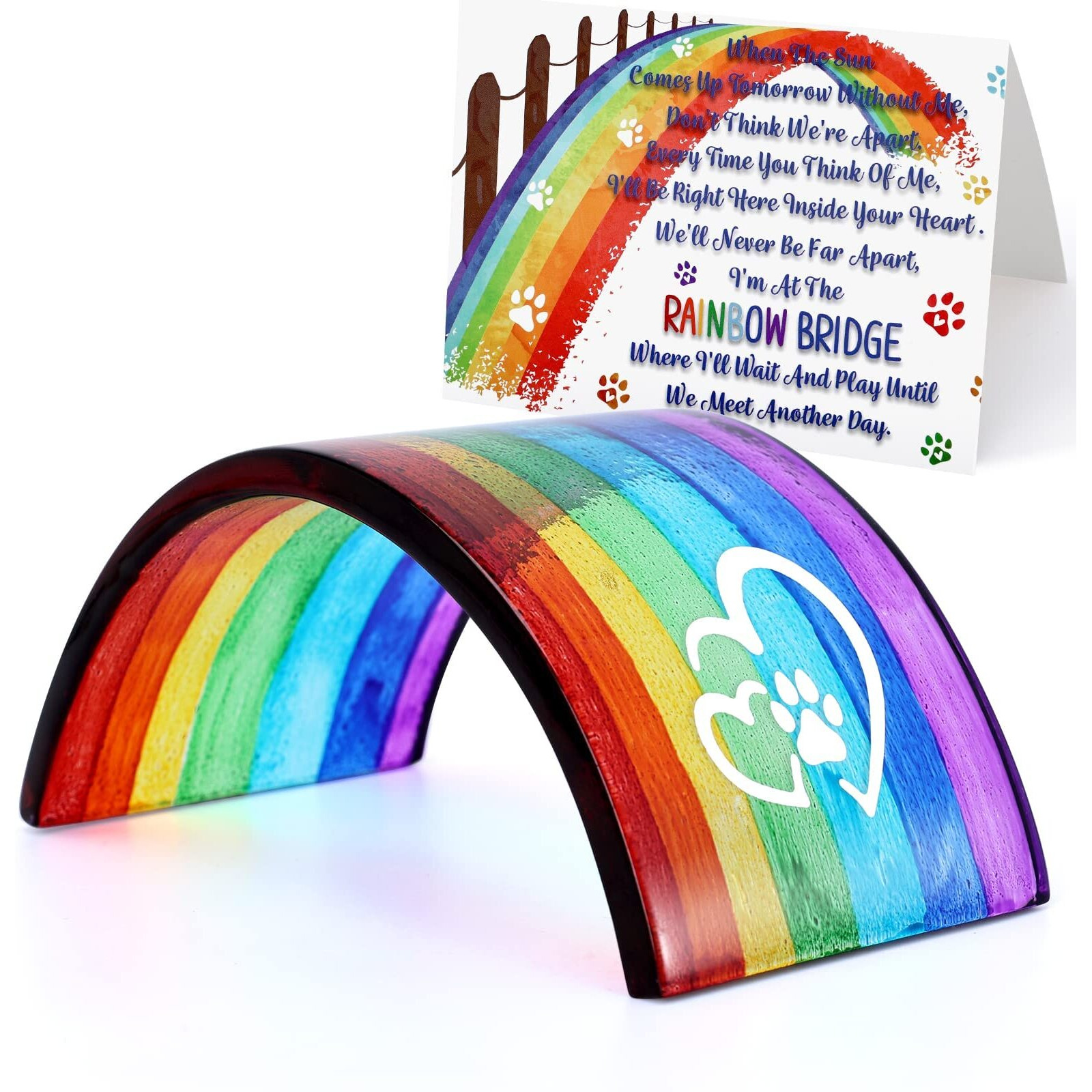 Huray Rayho Rainbow Bridge Fused Glass 3D Colorful Bridge With Sympathy Card Memorial Gift For Dog Cat Guinea Pig Lover Pet Lost Present Sorry Gift Set Of 2