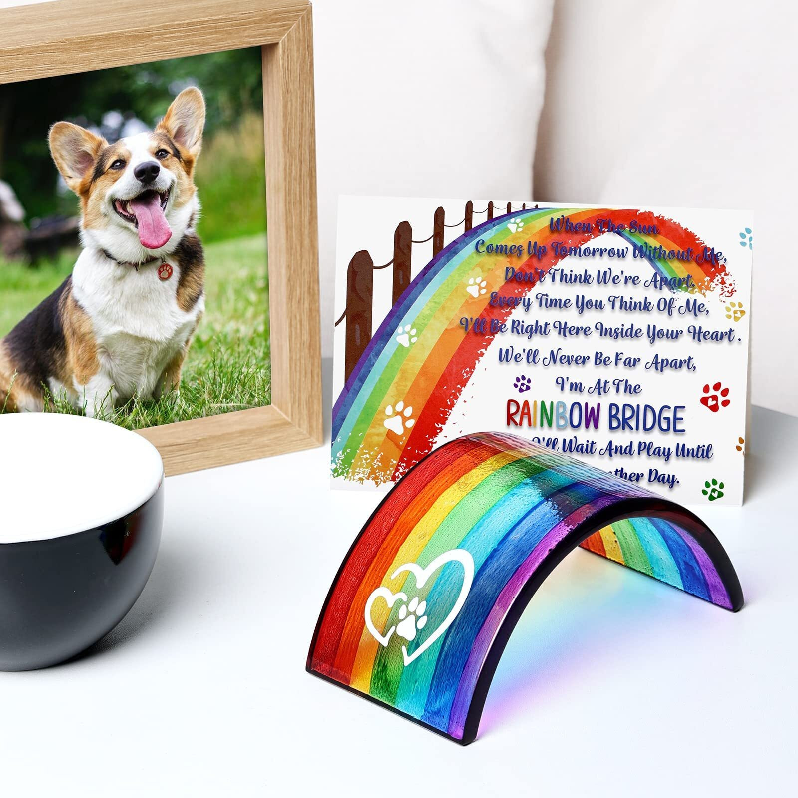 Huray Rayho Rainbow Bridge Fused Glass 3D Colorful Bridge With Sympathy Card Memorial Gift For Dog Cat Guinea Pig Lover Pet Lost Present Sorry Gift Set Of 2