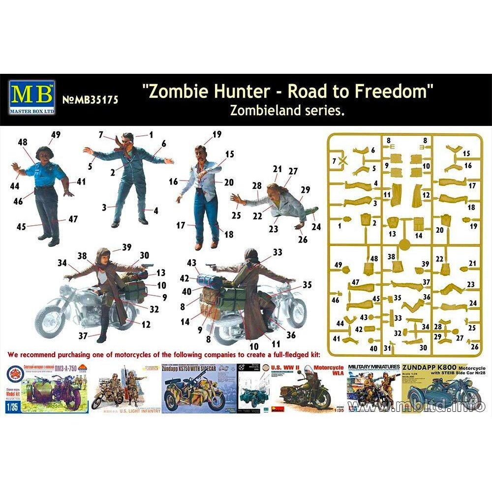 Masterbox Zombieland Zombie Hunter Road To Freedom Model Kit - 4 Zombies And Escaping Girl (1/35 Scale)