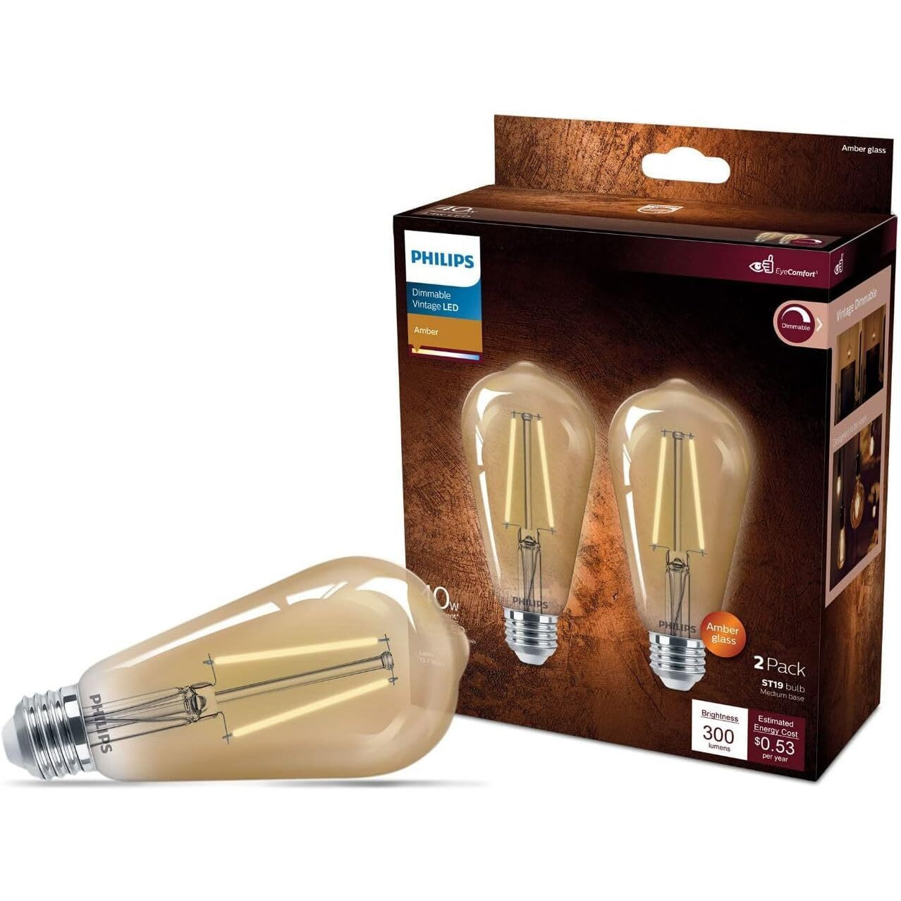 Philips Led Vintage Flicker-Free Amber Straight St19 Dimmable  Eyecomfort Technology  300 Lumen  Amber Light(2000K)  4.4W40W  Title 20 Certified  E26 Base  2-Pack  (564849)