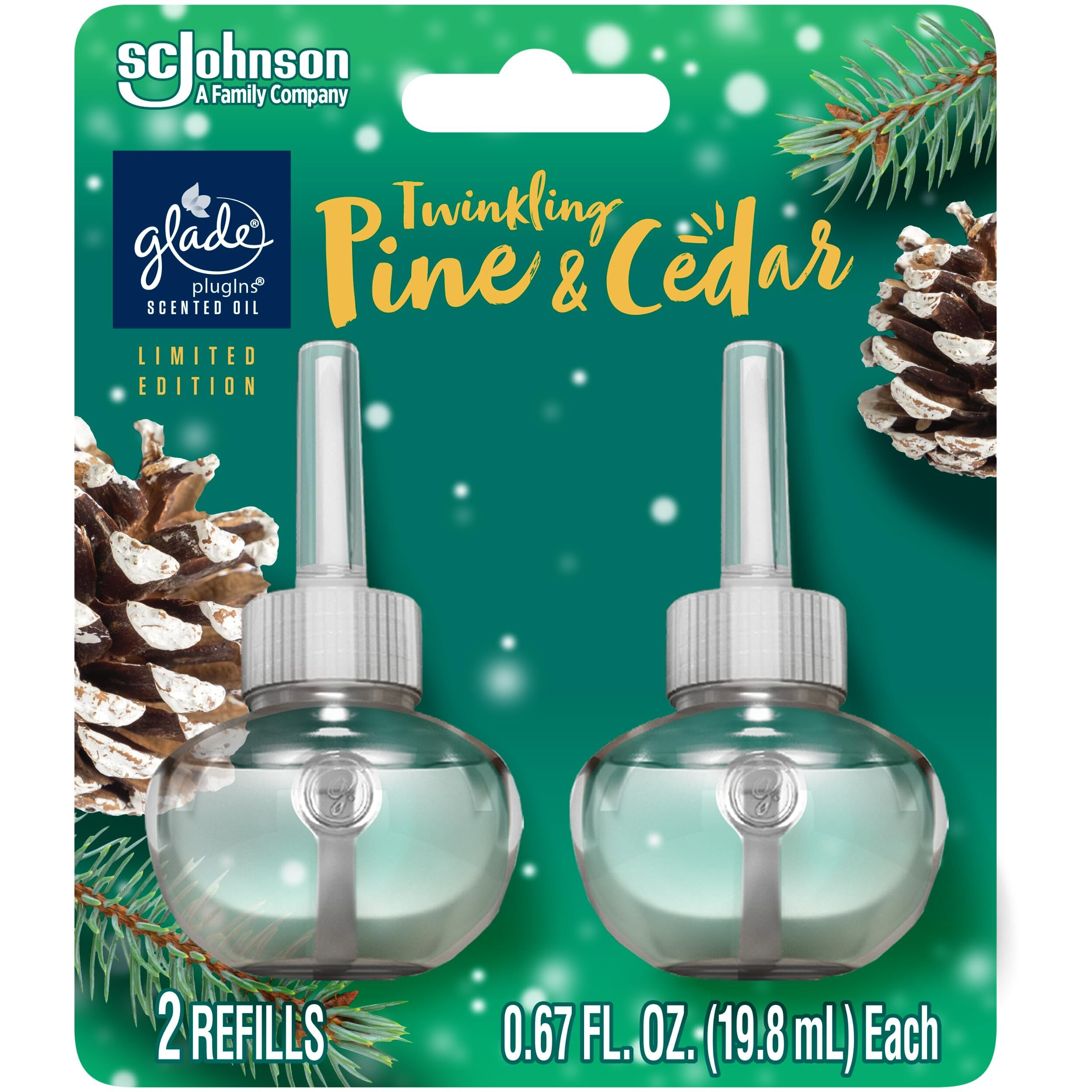 Glade Plugins Refills Air Freshener  Scented And Essential Oils For Home And Bathroom  Twinkling Pine & Cedar  1.34 Fl Oz  2 Count