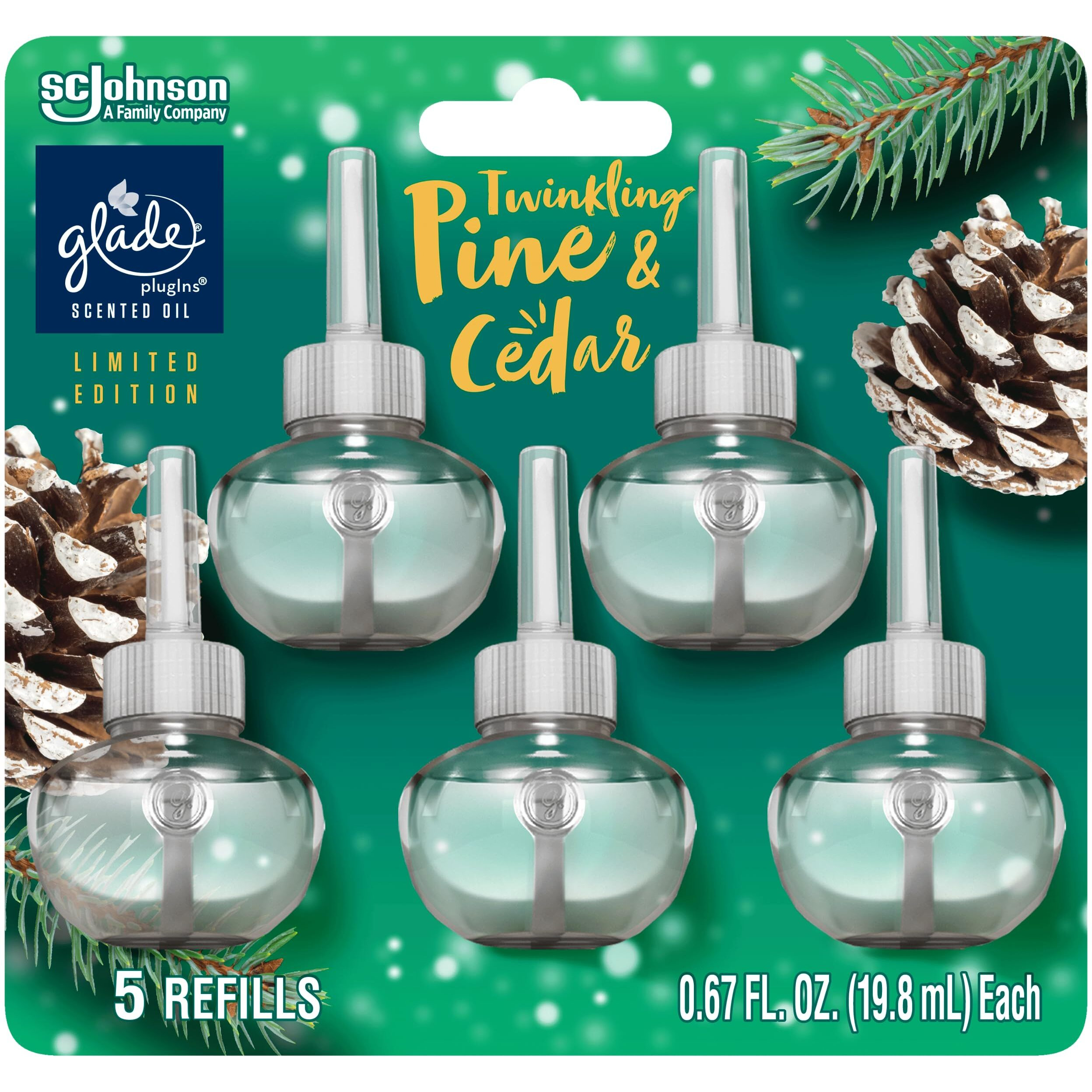 Glade Plugins Refills Air Freshener  Scented And Essential Oils For Home And Bathroom  Twinkling Pine & Cedar  Limited Edition Scent  3.35 Fl Oz  5 Count