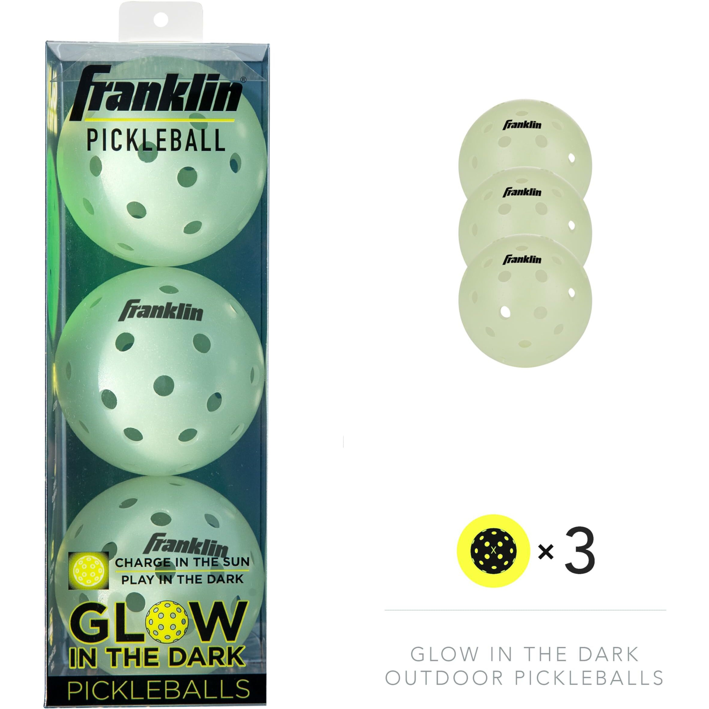 Franklin Sports Glow In The Dark Outdoor Pickleballs - Light Up Pickleball Balls For Nighttime Pickleball - Glow In The Dark Green Pickleball Balls - Charge In Indoor Light + Sunlight - 3 Pack