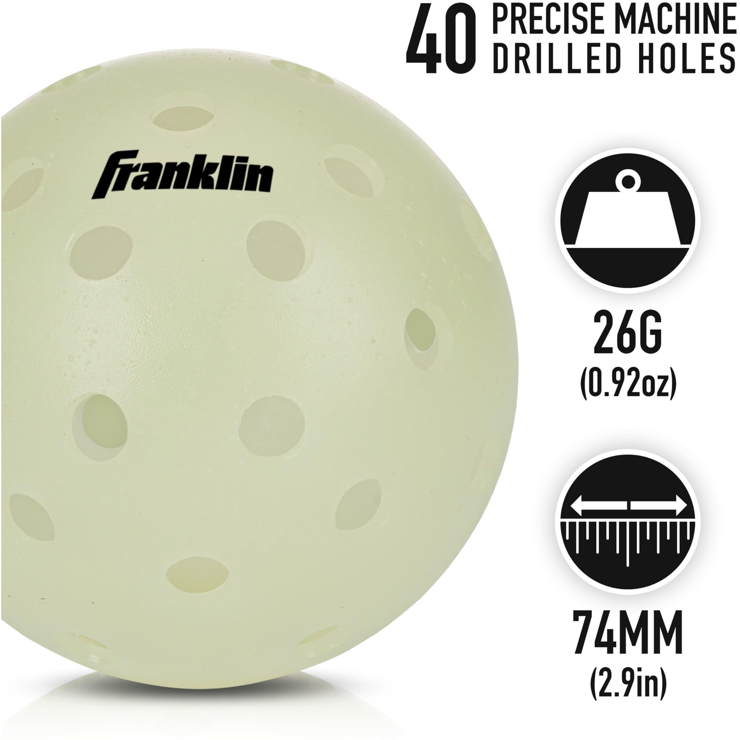 Franklin Sports Glow In The Dark Outdoor Pickleballs - Light Up Pickleball Balls For Nighttime Pickleball - Glow In The Dark Green Pickleball Balls - Charge In Indoor Light + Sunlight - 3 Pack