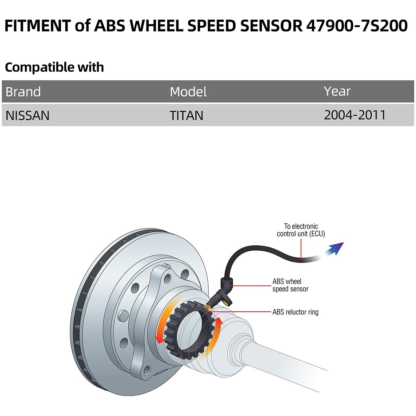 47900-7S200 Rear Right Abs Wheel Speed Sensor Compatible With Nissan 04-11 Titan 479007S200  Su12702  Als638