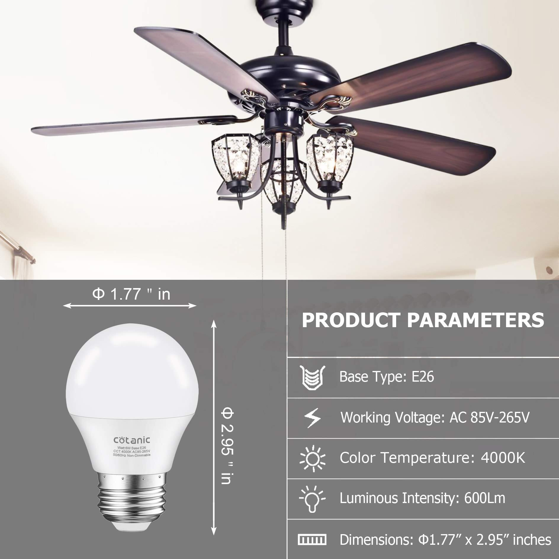 Cotanic A15 Led Bulb  Ceiling Fan Bulbs 6W (60W Equivalent) 4000K Natural Daylight E26 Standrad Base Light 600Lm Cri 80+ Led Globe Shape Bulb Non-Dimmable 6 Packs