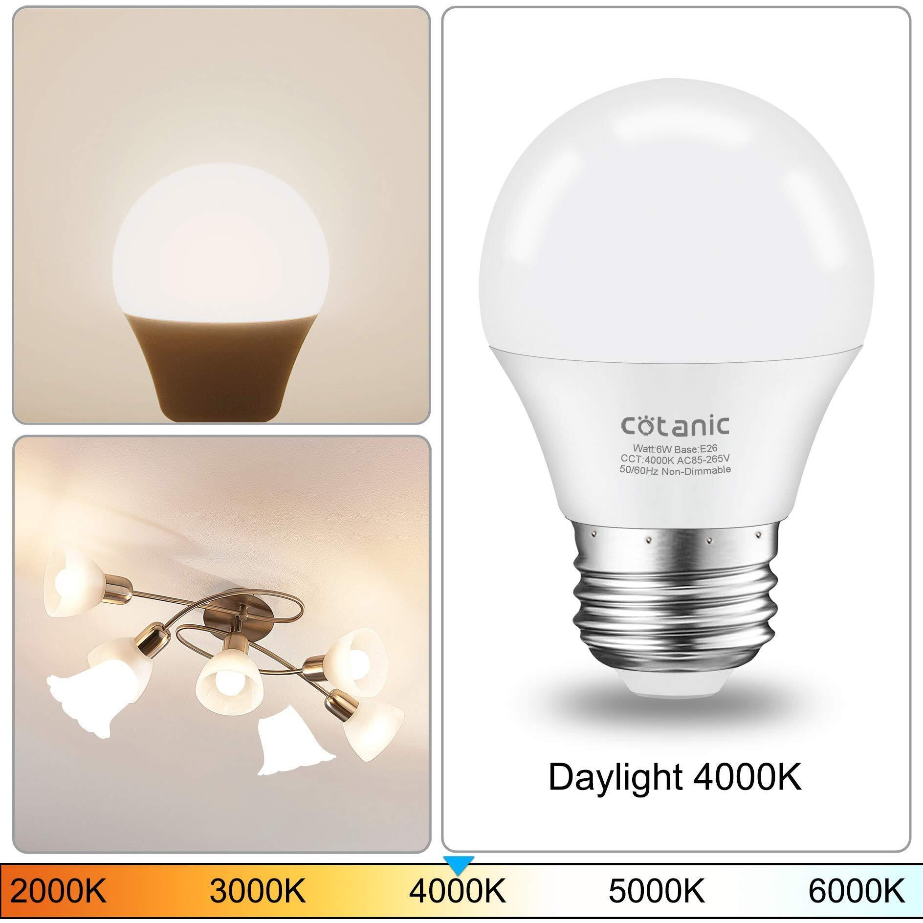 Cotanic A15 Led Bulb  Ceiling Fan Bulbs 6W (60W Equivalent) 4000K Natural Daylight E26 Standrad Base Light 600Lm Cri 80+ Led Globe Shape Bulb Non-Dimmable 6 Packs