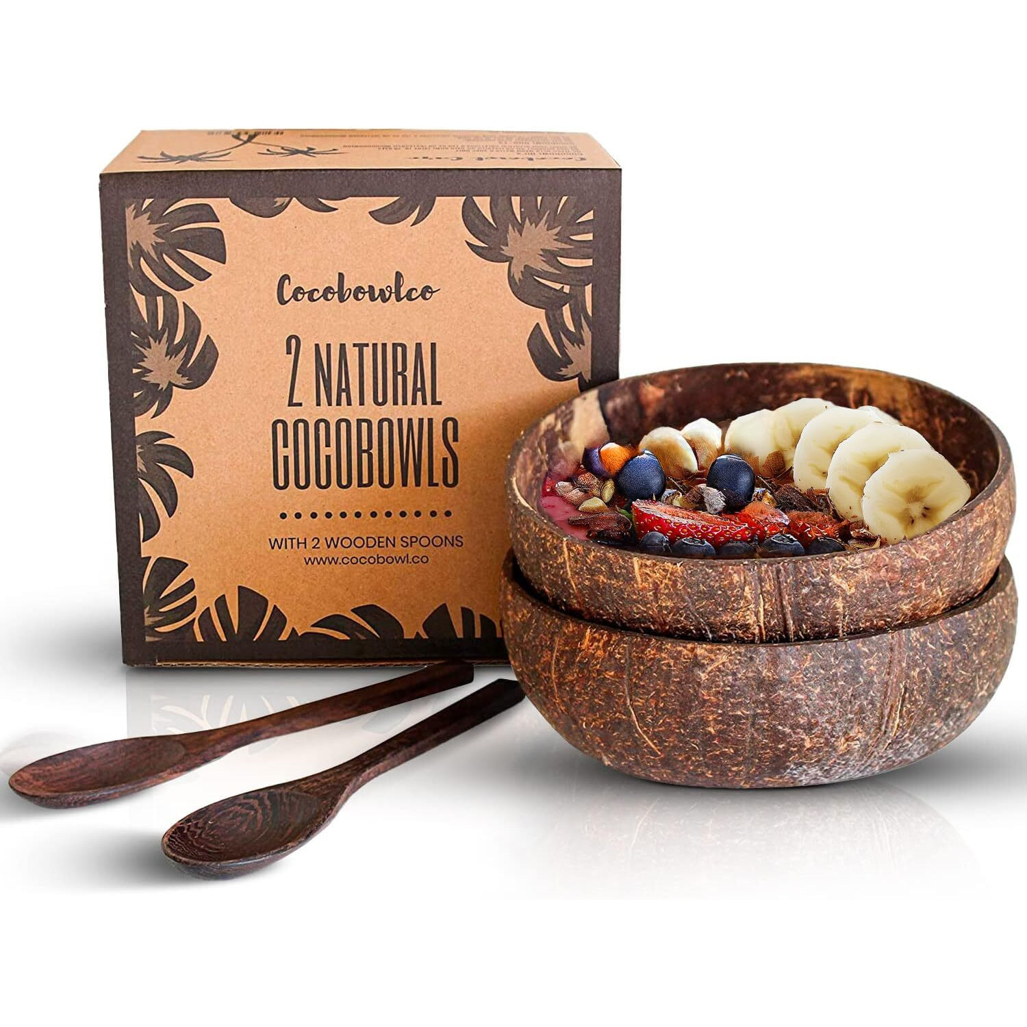 Cocobowlco Coconut Bowl & Wooden Spoons Bowl Set - Birthday Gifts For Women - Coconut Bowls For Eco Friendly Kitchen Decor  Acai Bowls & Smoothie Bowls (2  Polished)